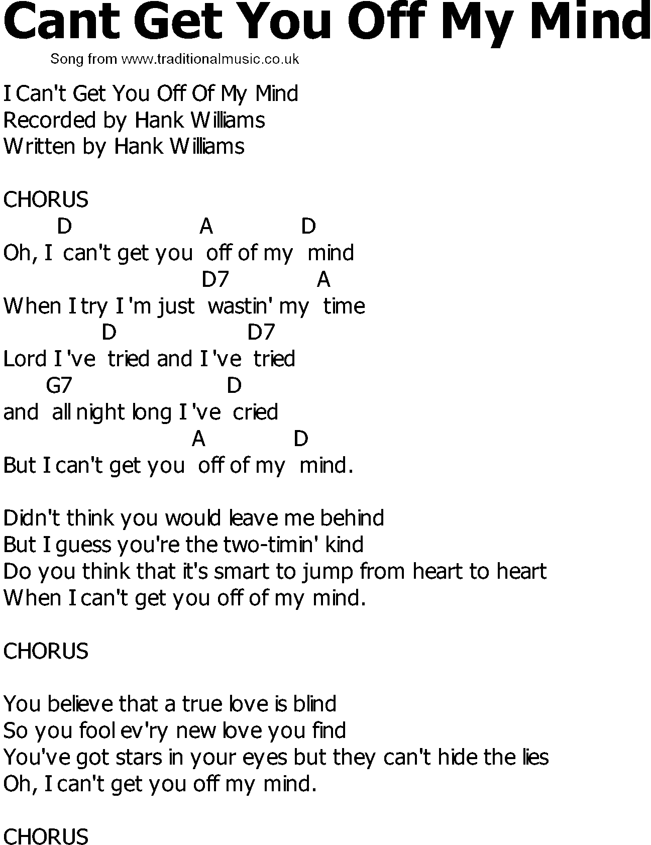 Old Country song lyrics with chords - Cant Get You Off My Mind