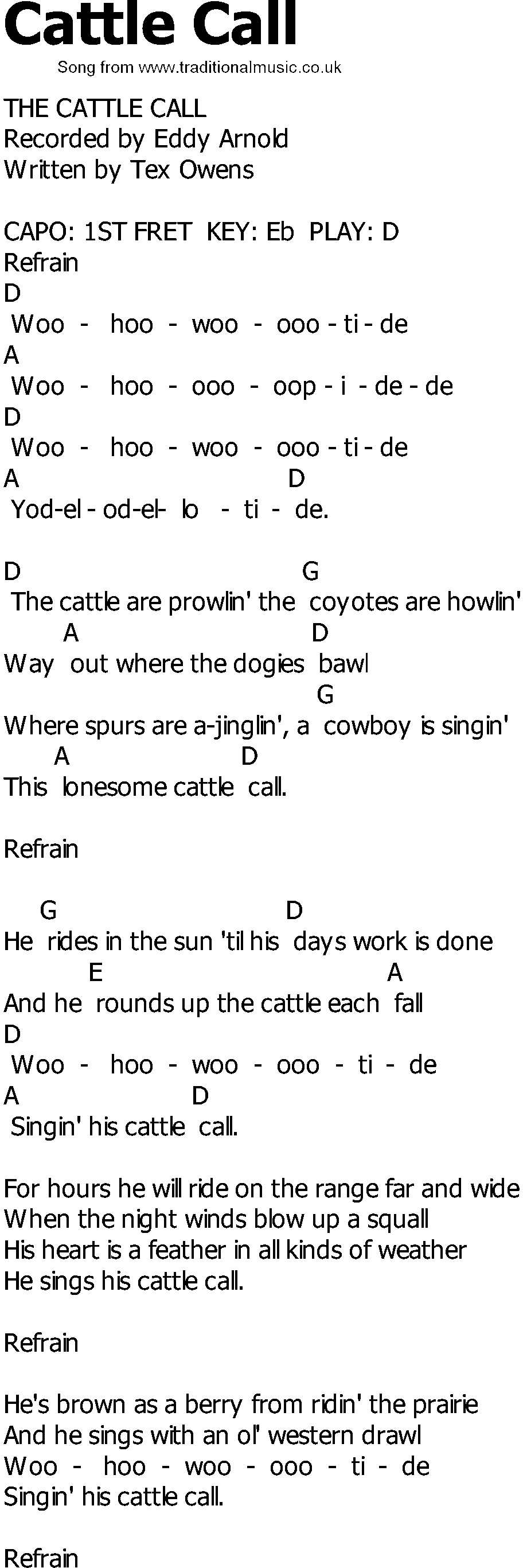 Old Country song lyrics with chords - Cattle Call