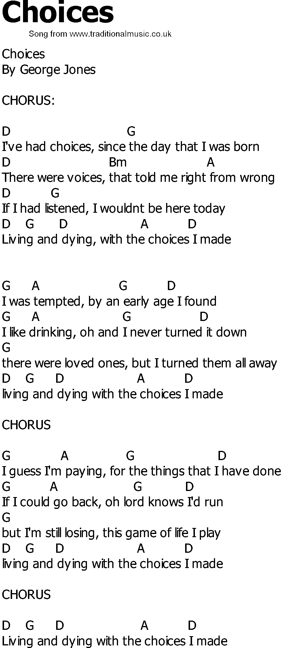 Old Country song lyrics with chords - Choices