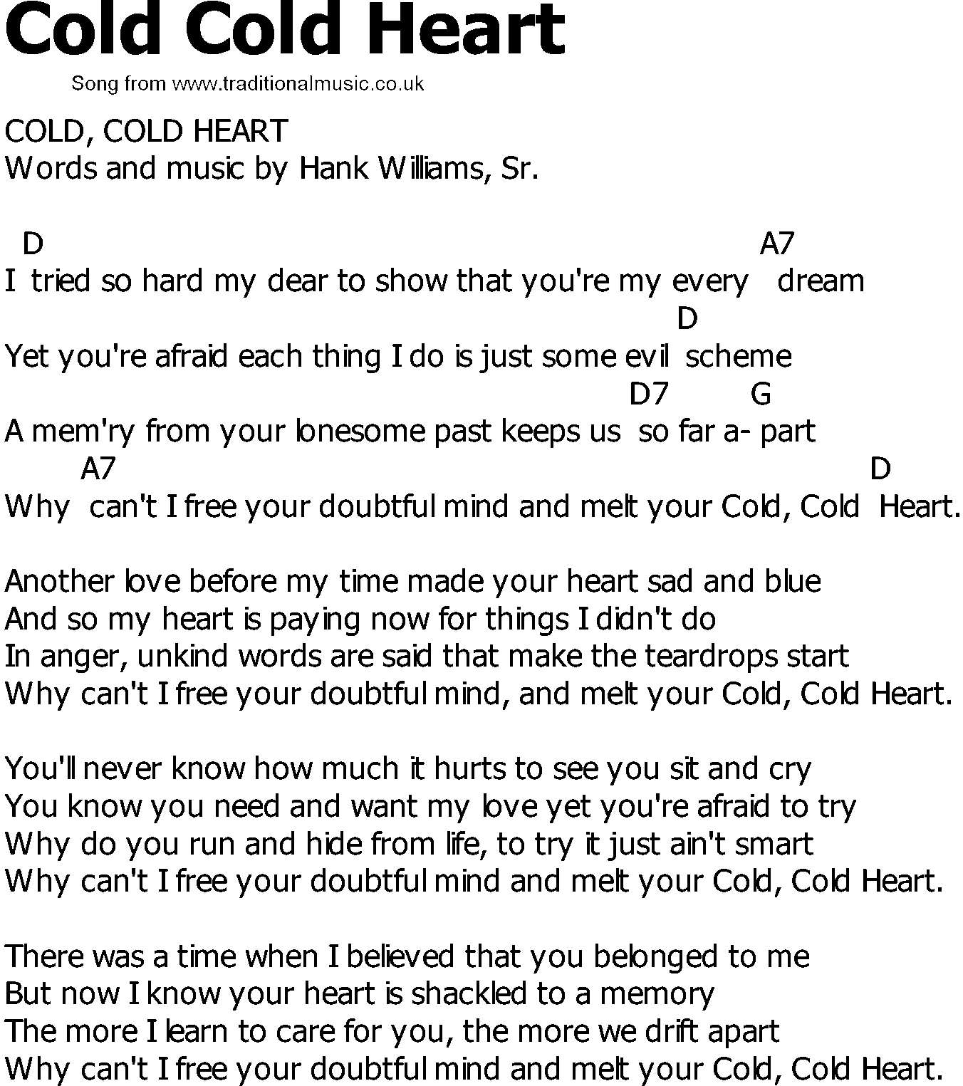 Old Country song lyrics with chords - Cold Cold Heart