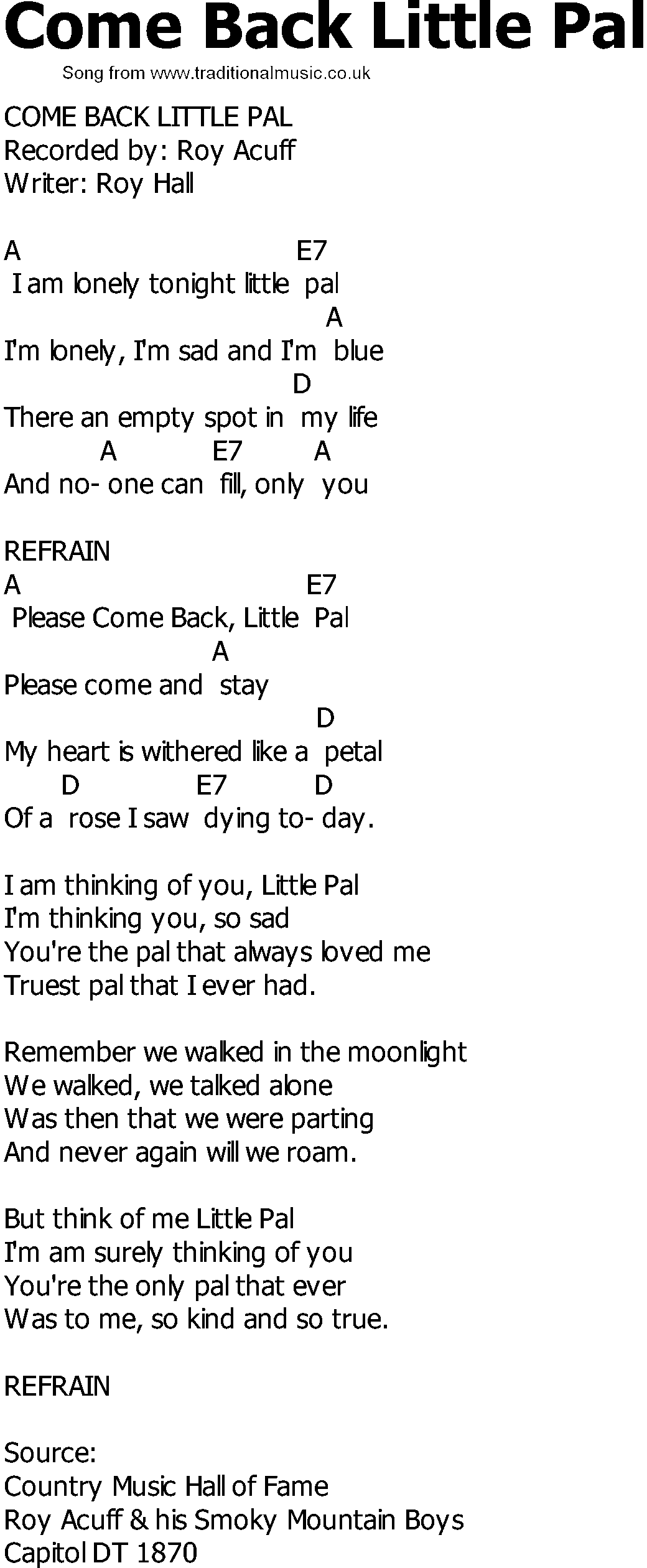 Old Country song lyrics with chords - Come Back Little Pal