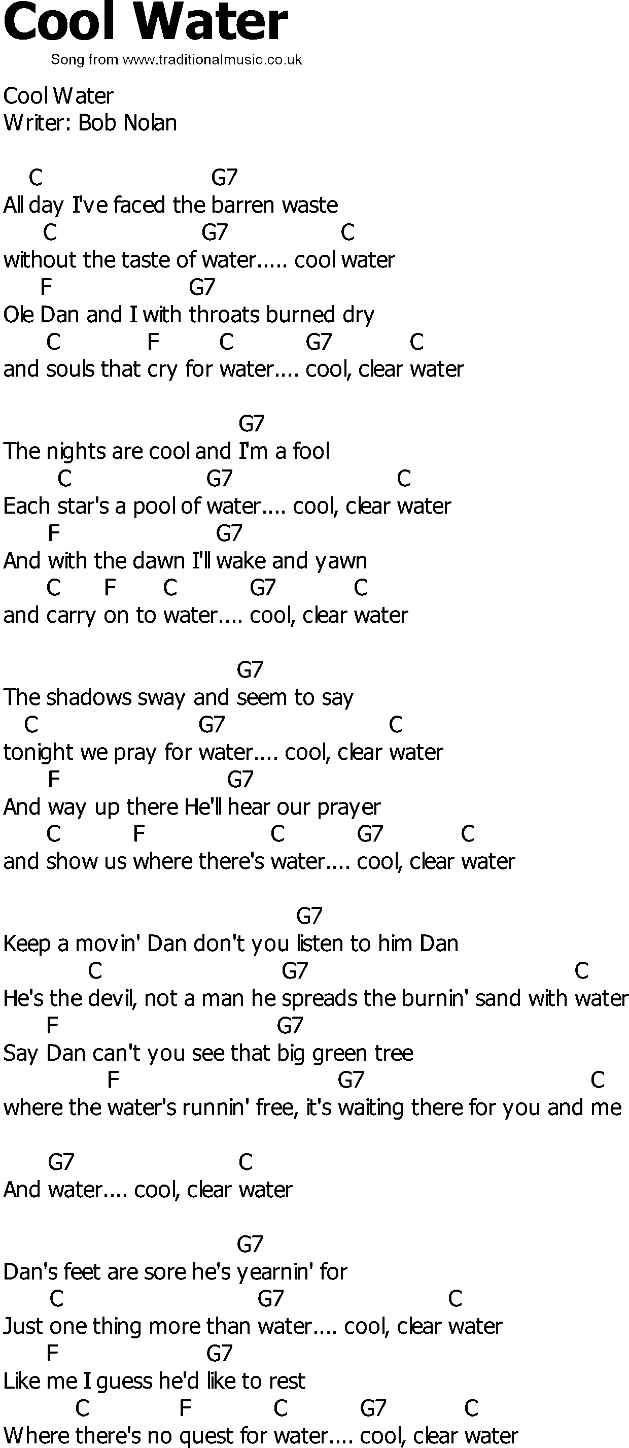 Old Country song lyrics with chords - Cool Water