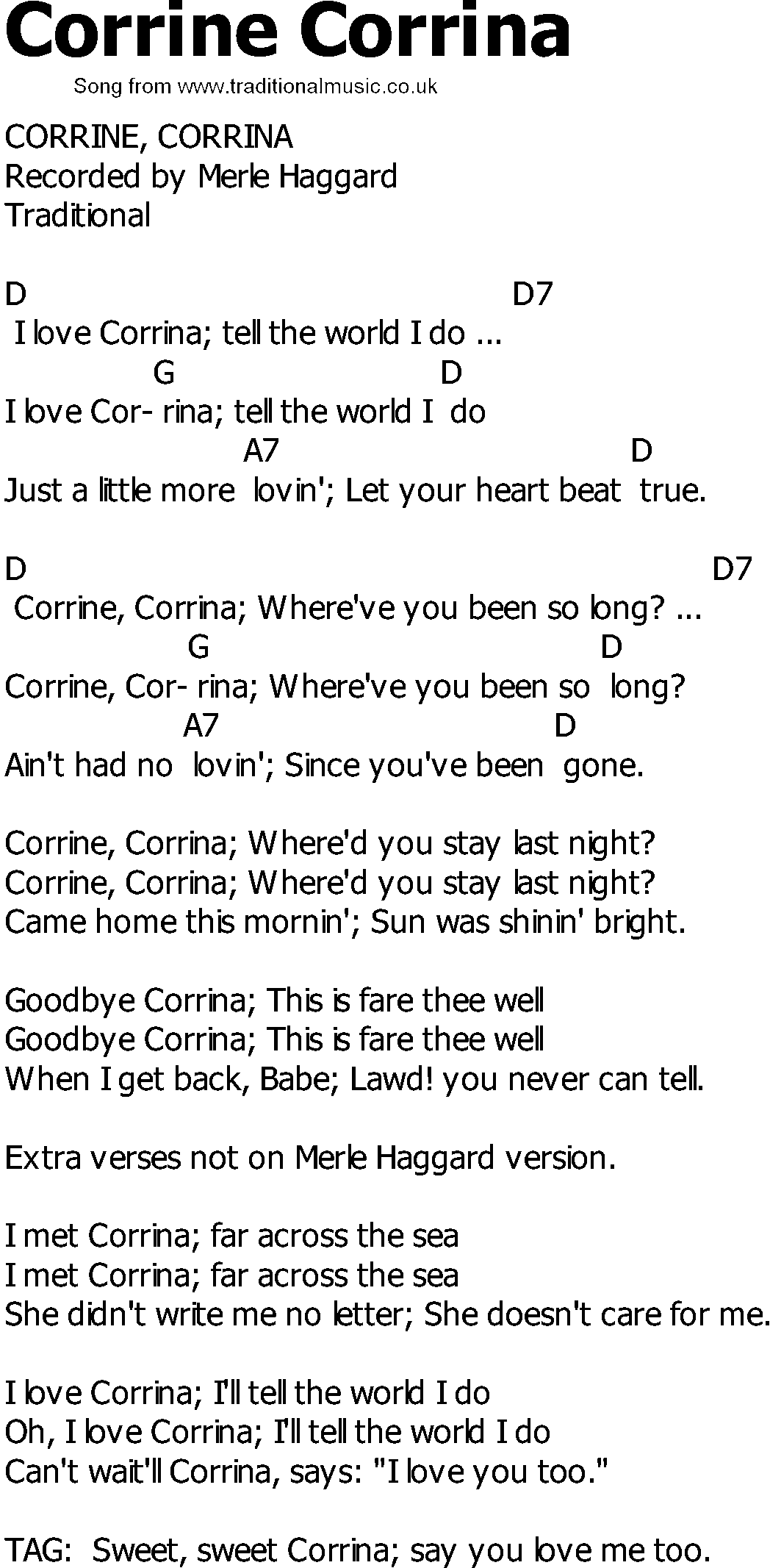 Old Country song lyrics with chords - Corrine Corrina