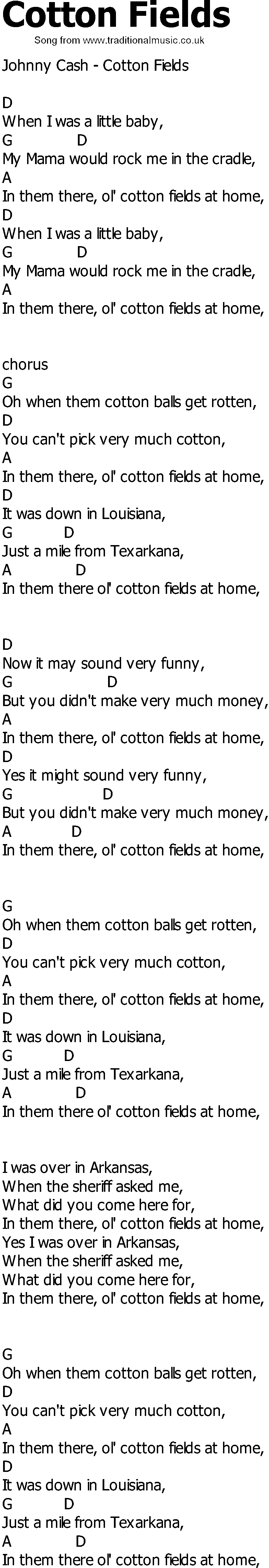 Old Country song lyrics with chords - Cotton Fields