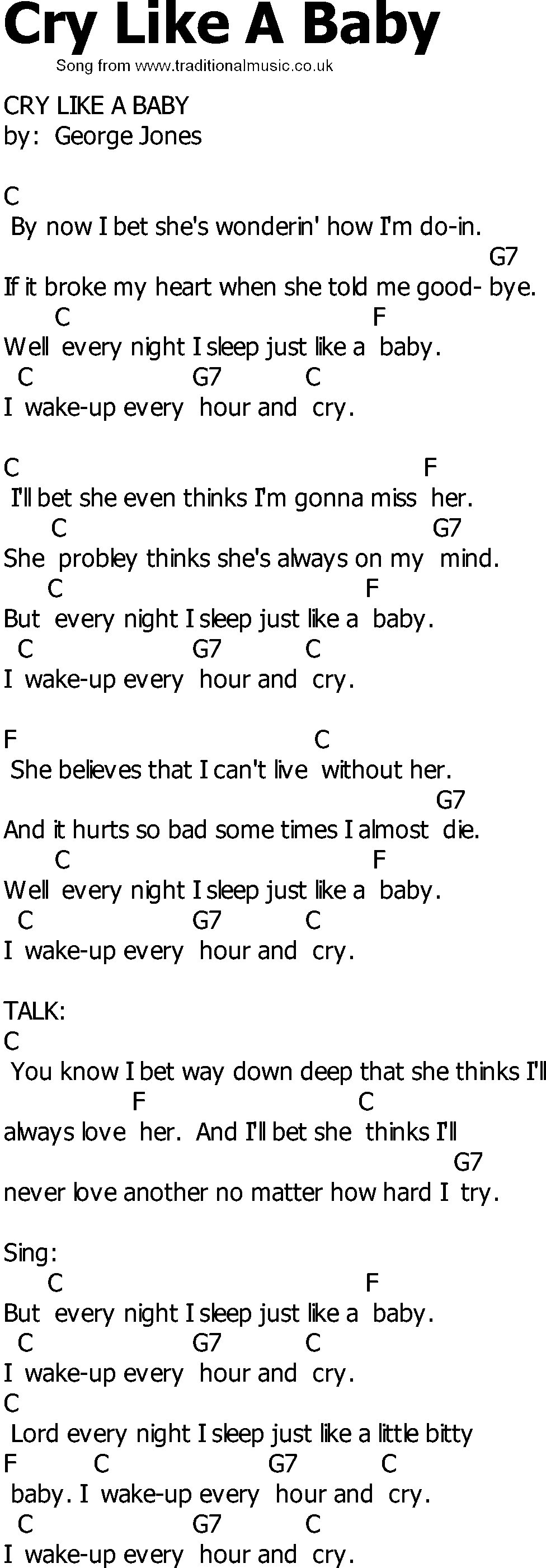 Old Country song lyrics with chords - Cry Like A Baby
