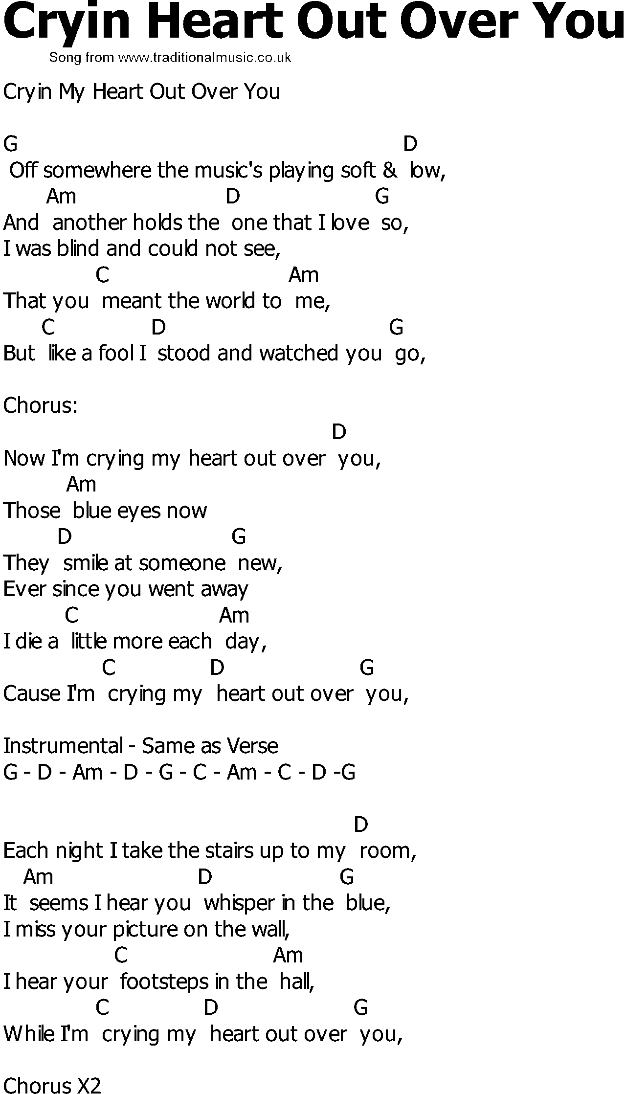 Old Country song lyrics with chords - Cryin Heart Out Over You
