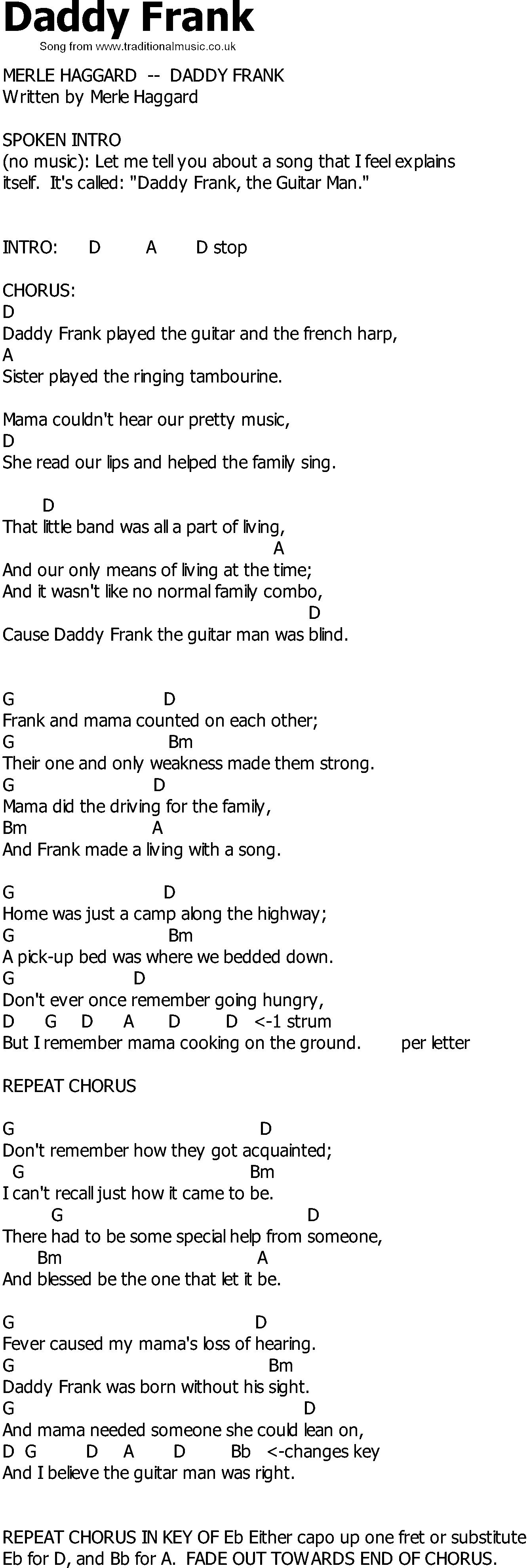 Old Country song lyrics with chords - Daddy Frank