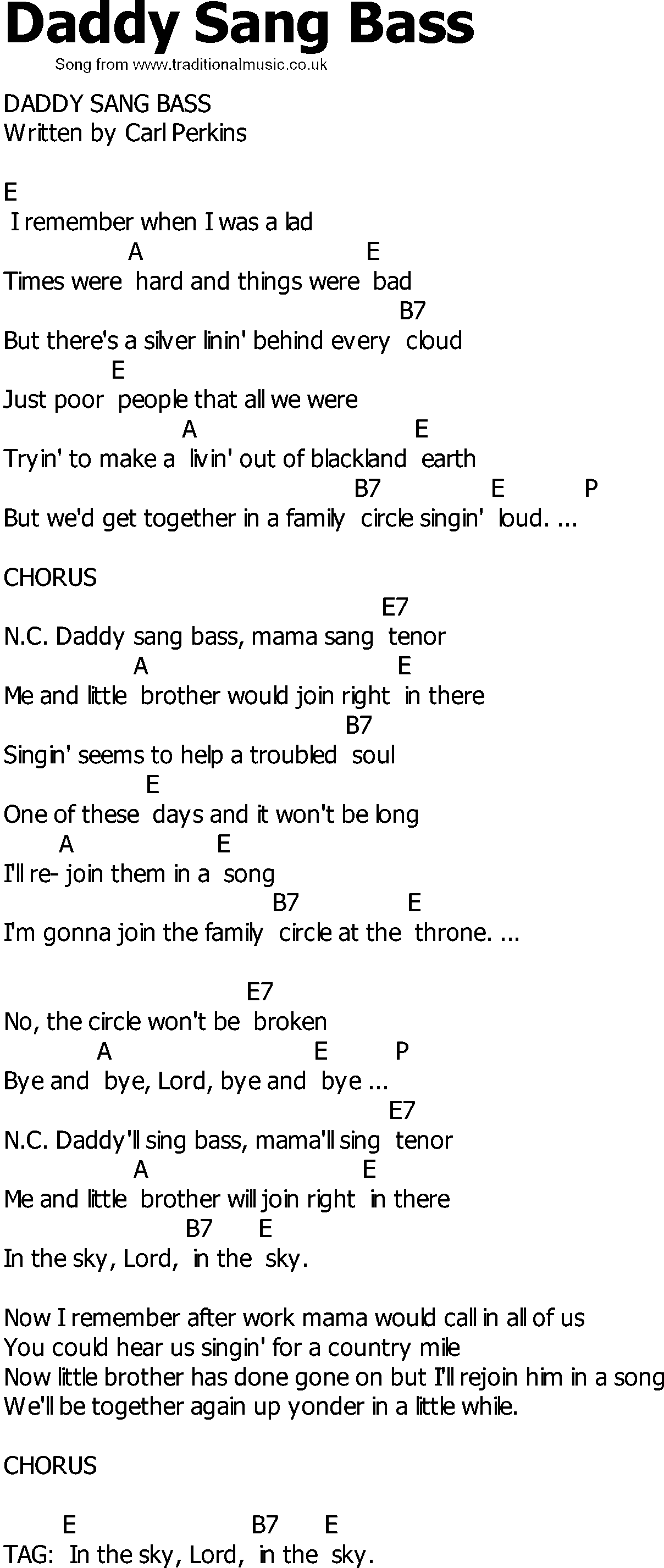 Old Country song lyrics with chords - Daddy Sang Bass