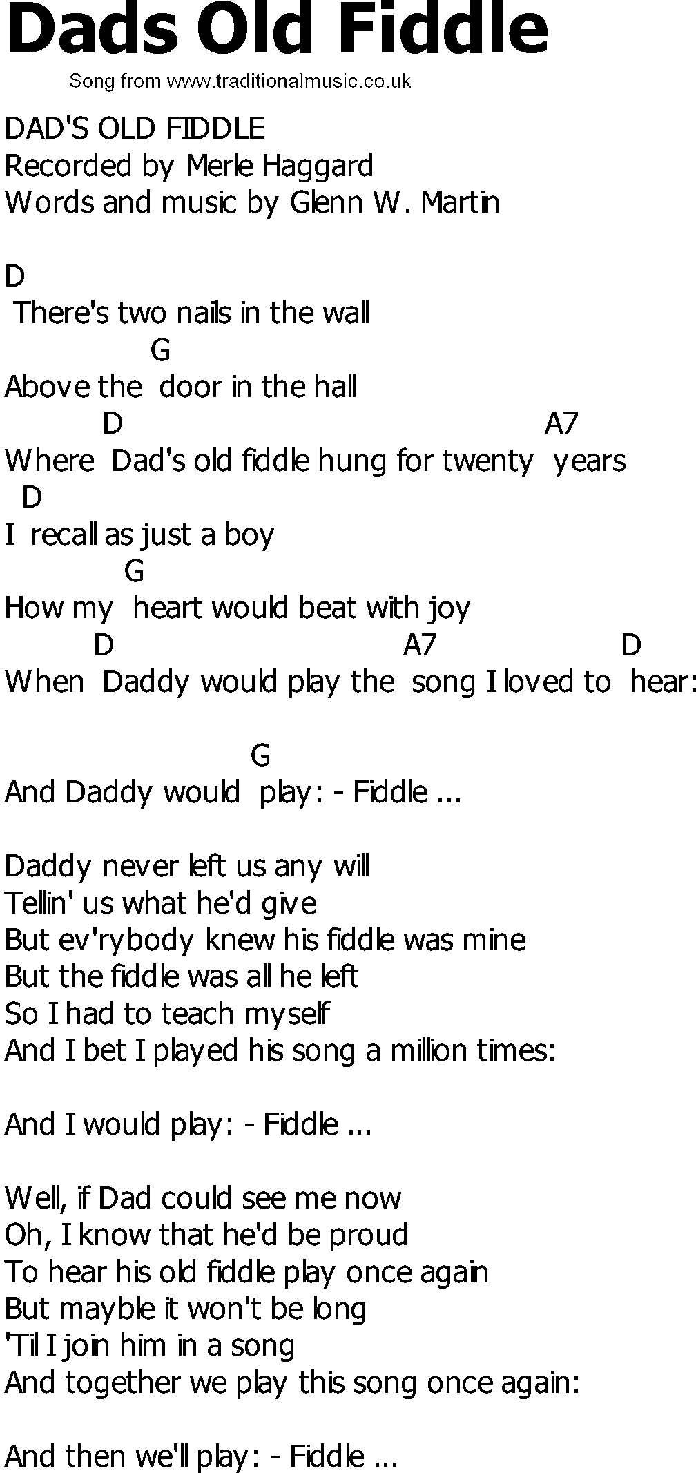 Old Country song lyrics with chords - Dads Old Fiddle