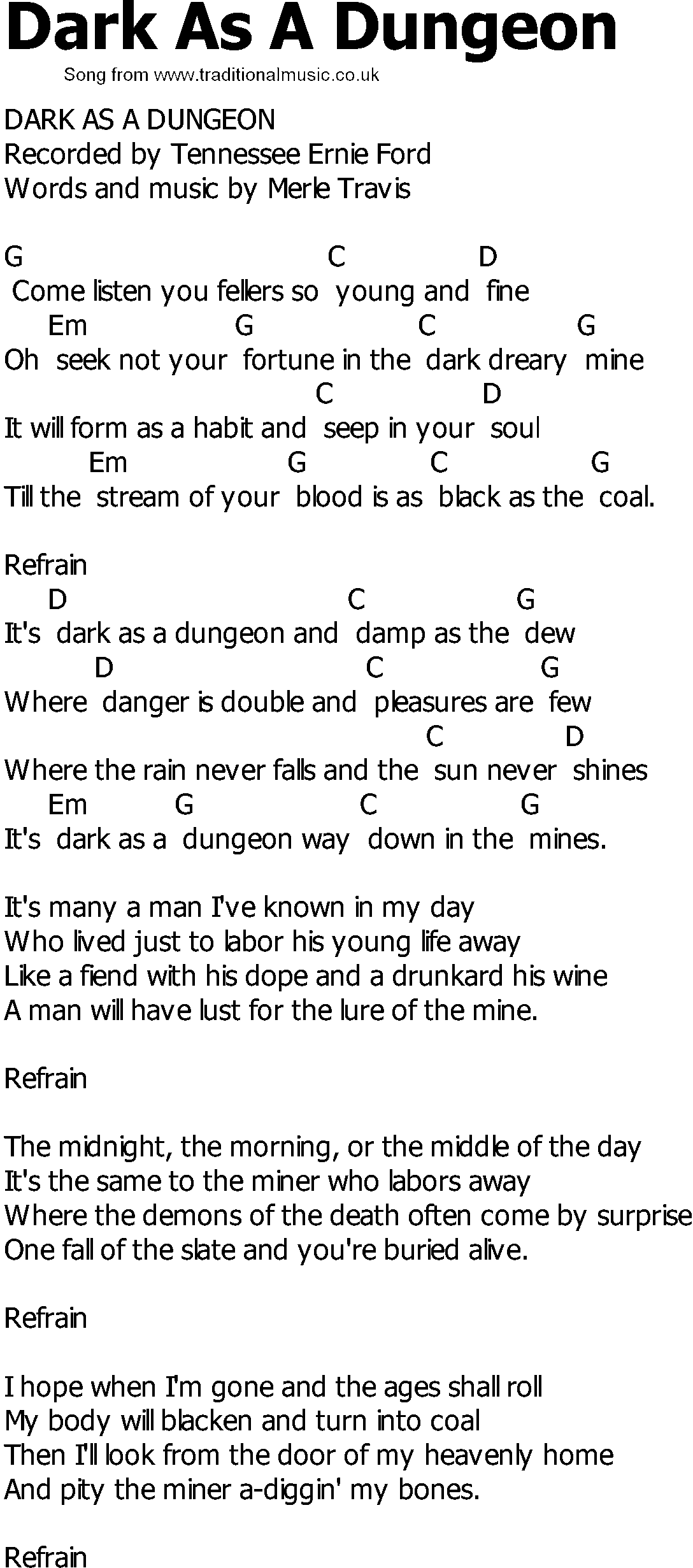 Old Country song lyrics with chords - Dark As A Dungeon