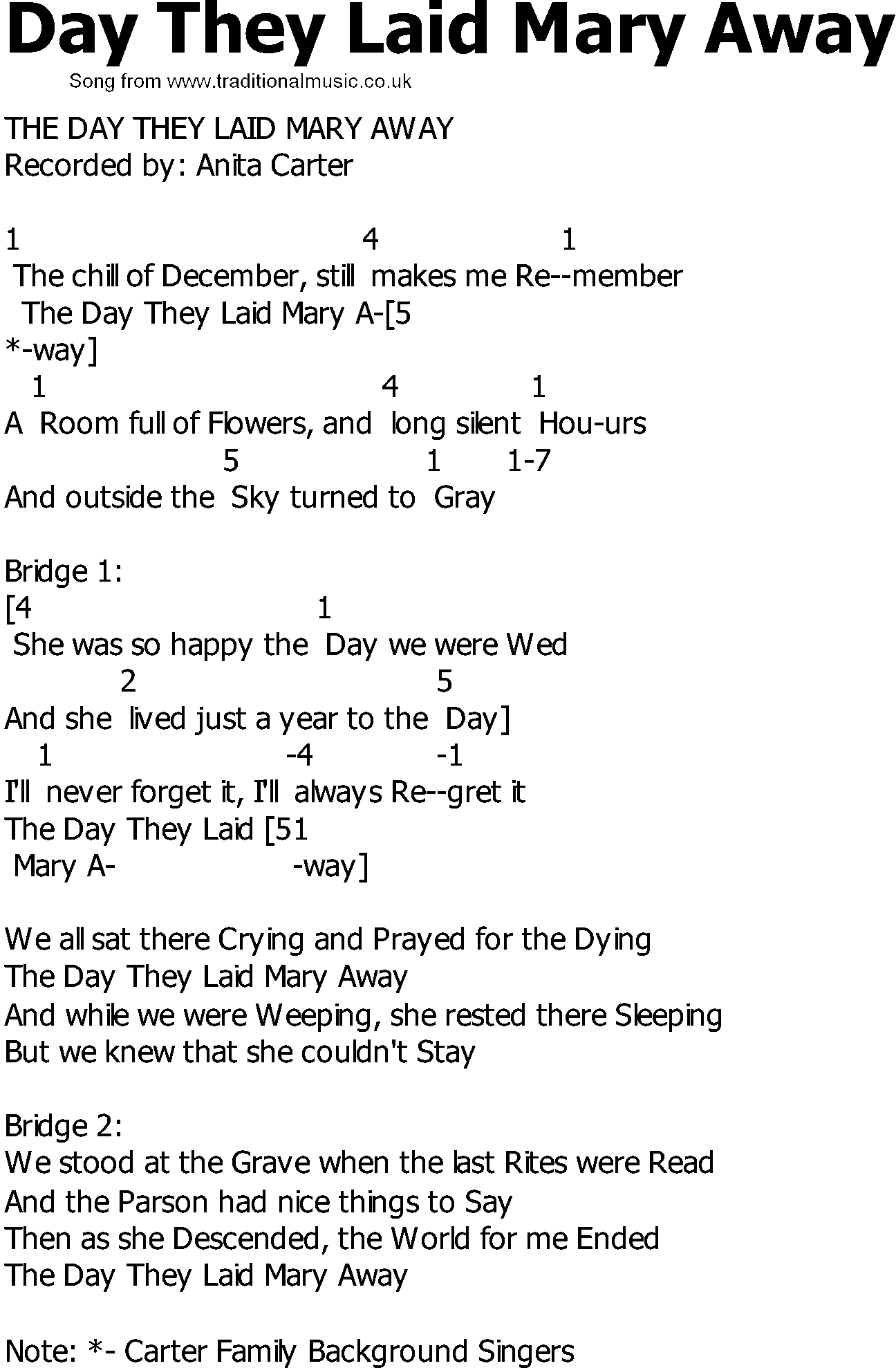 Old Country song lyrics with chords - Day They Laid Mary Away