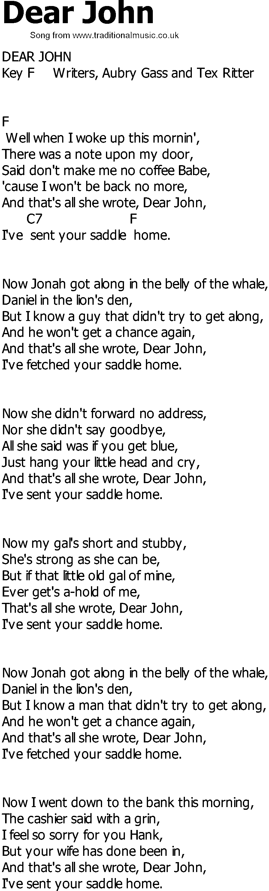 Old Country song lyrics with chords - Dear John