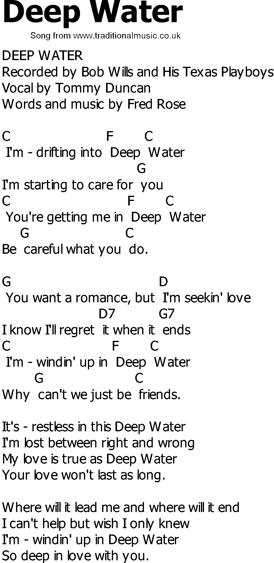 Old Country song lyrics with chords - Deep Water