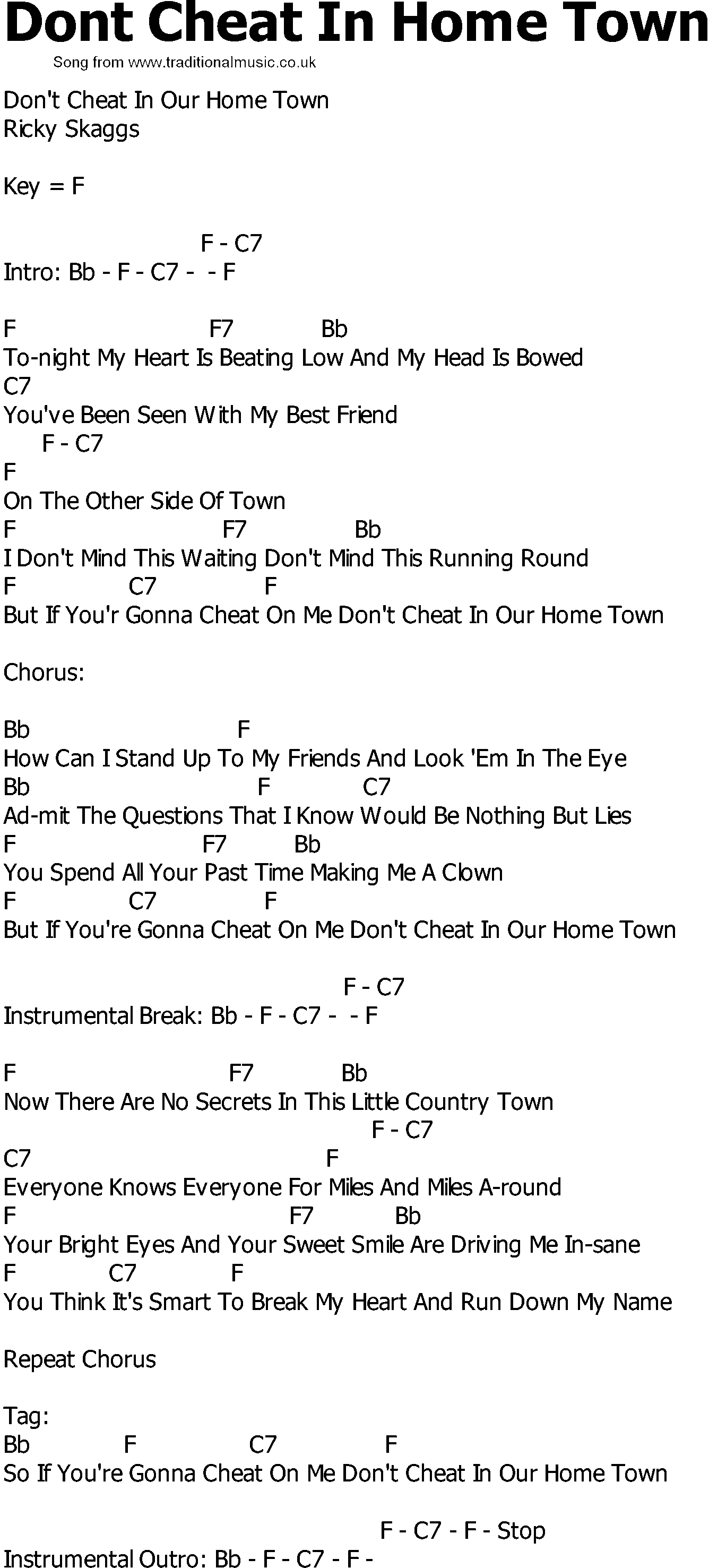 Old Country song lyrics with chords - Dont Cheat In Home Town