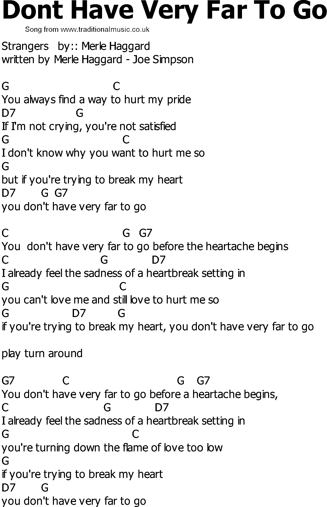 Old Country song lyrics with chords - Dont Have Very Far To Go