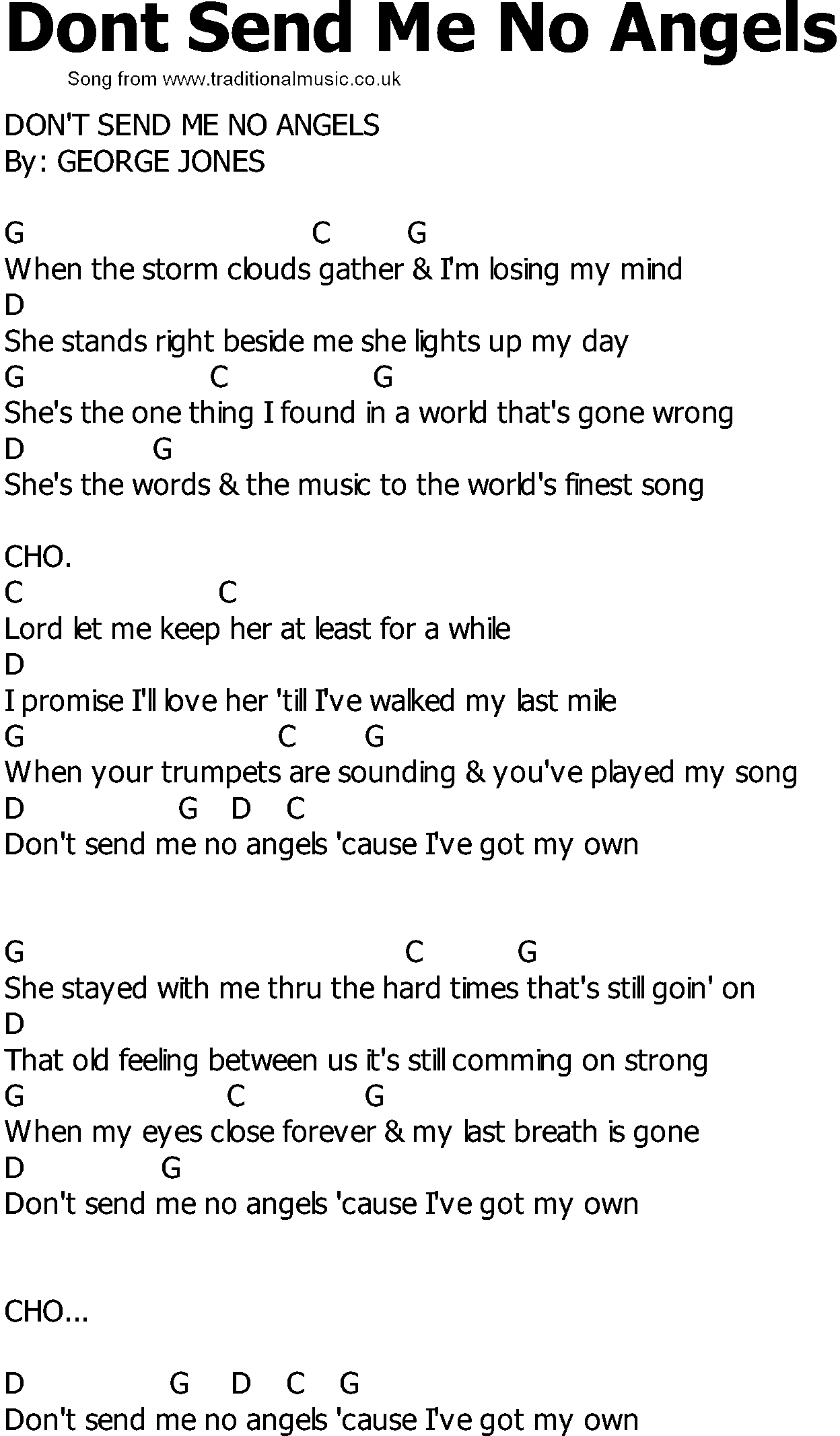 Old Country song lyrics with chords - Dont Send Me No Angels