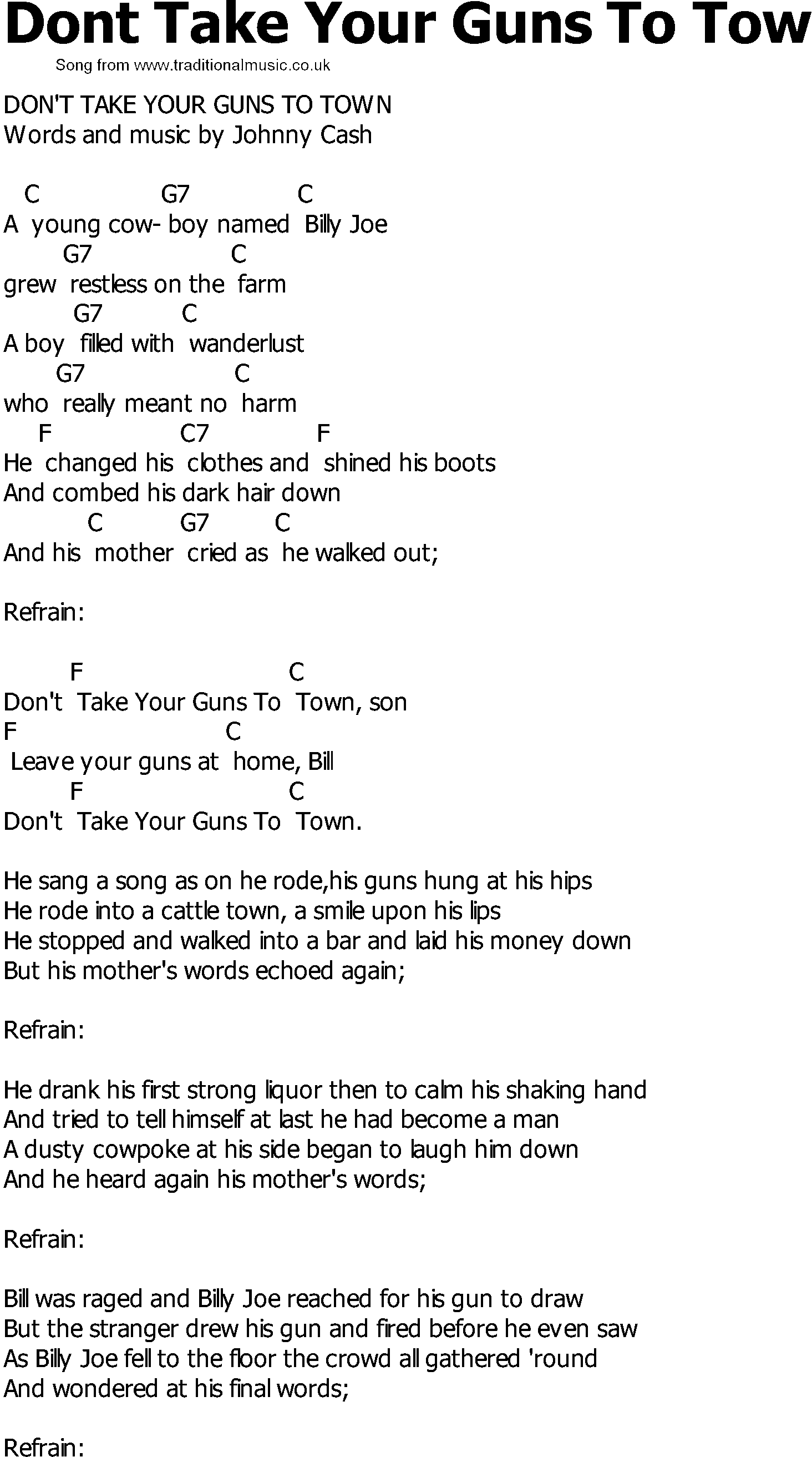 Old Country song lyrics with chords - Dont Take Your Guns To Tow