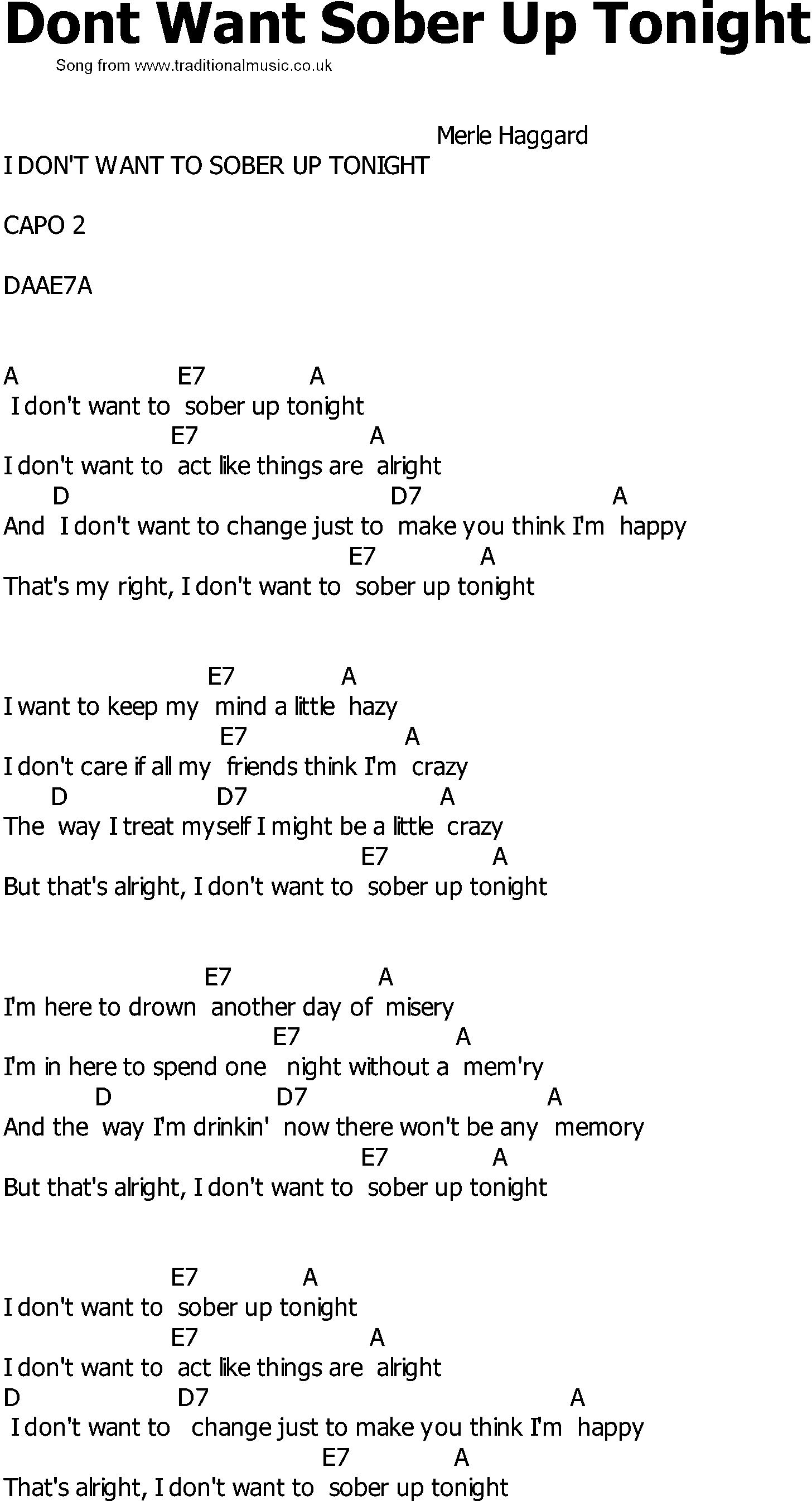 Old Country song lyrics with chords - Dont Want Sober Up Tonight