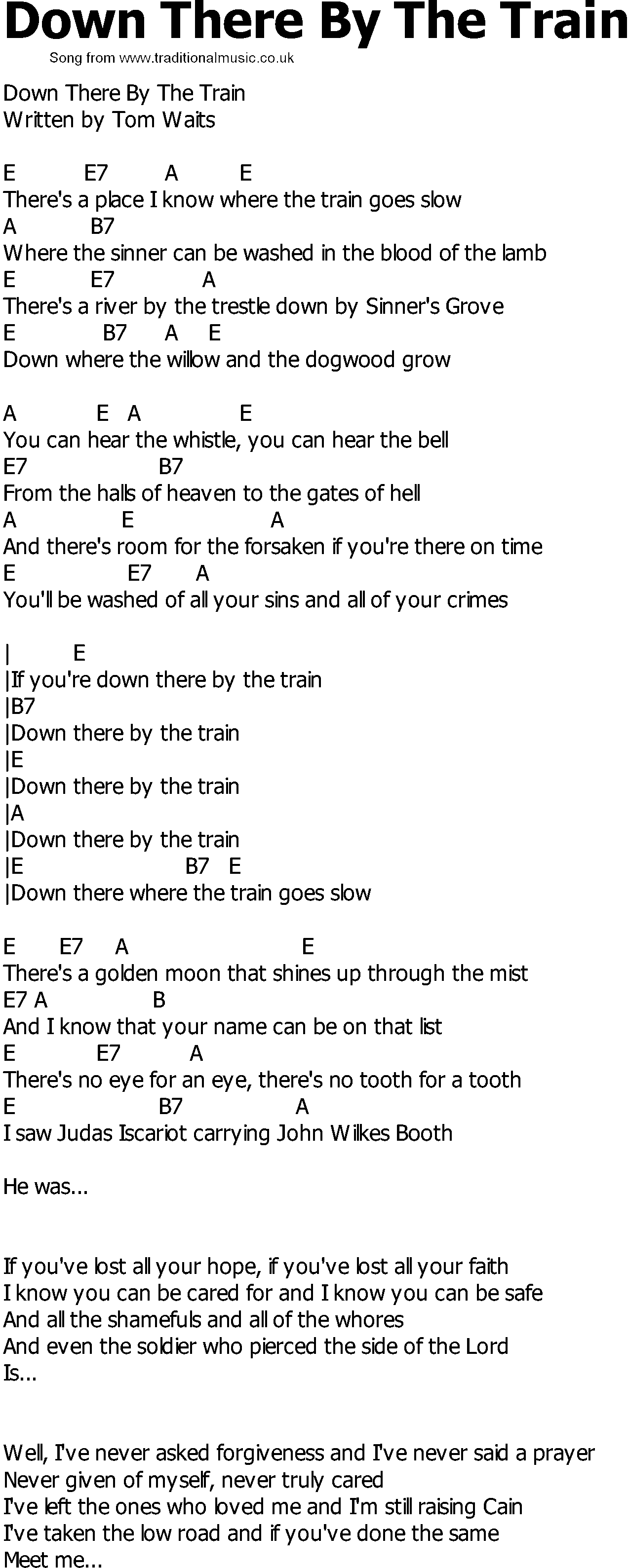 Old Country song lyrics with chords - Down There By The Train