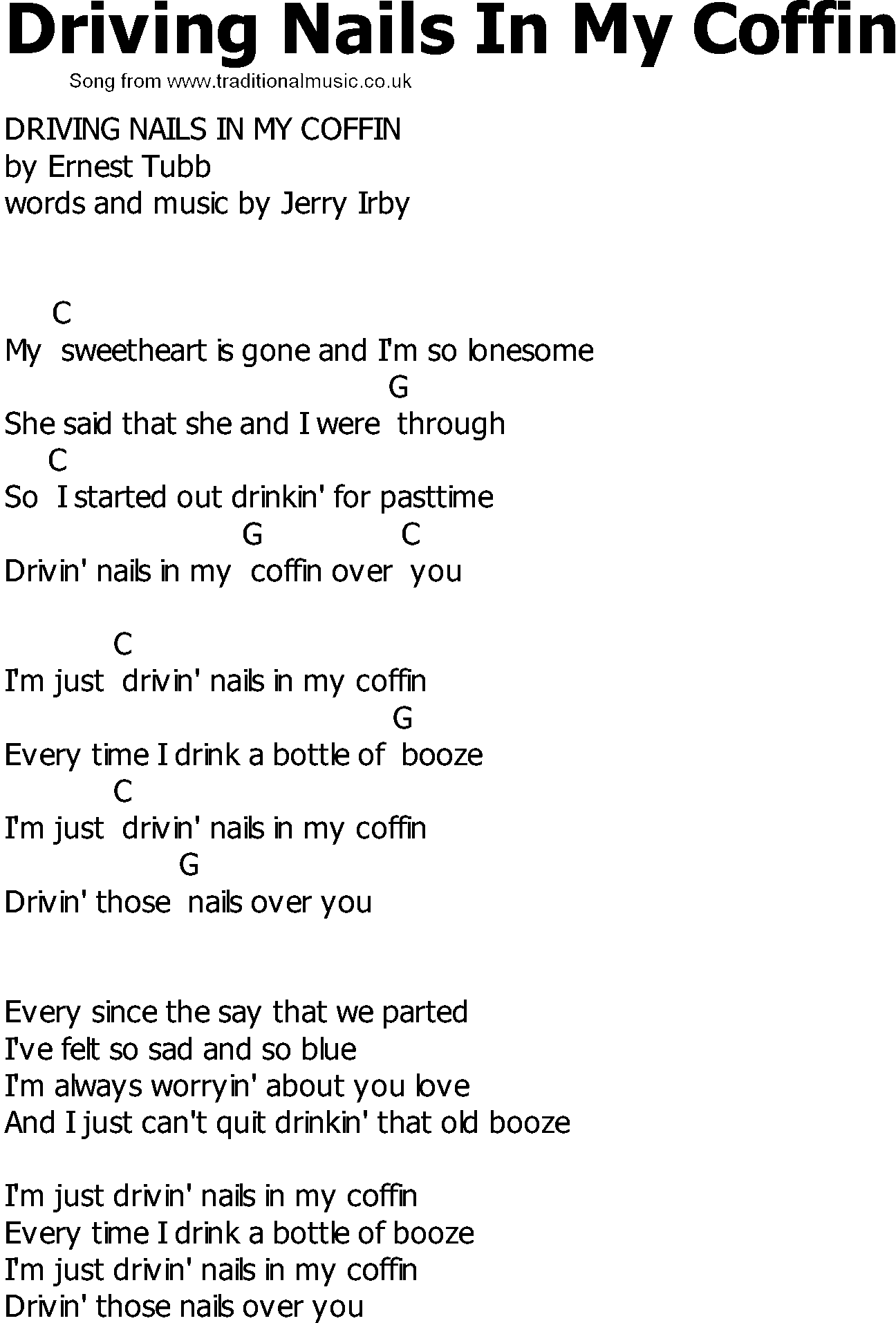 Old Country song lyrics with chords - Driving Nails In My Coffin