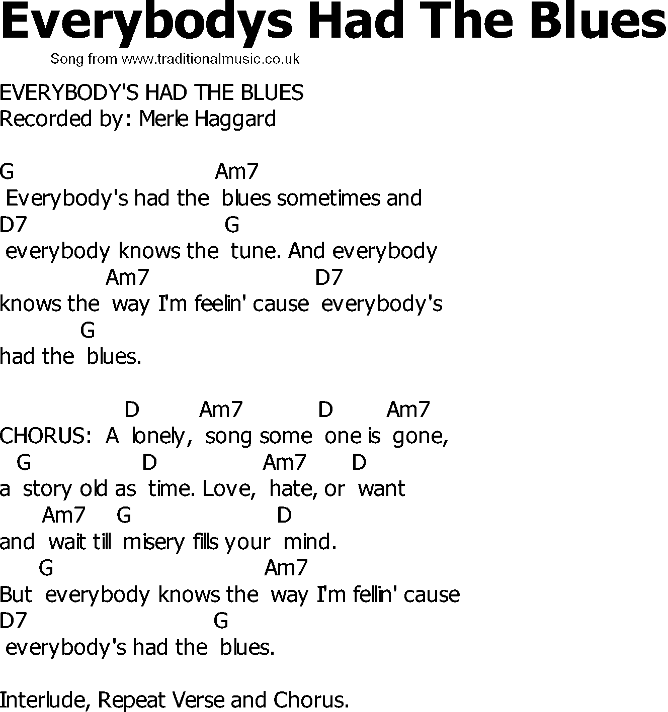 Old Country song lyrics with chords - Everybodys Had The Blues