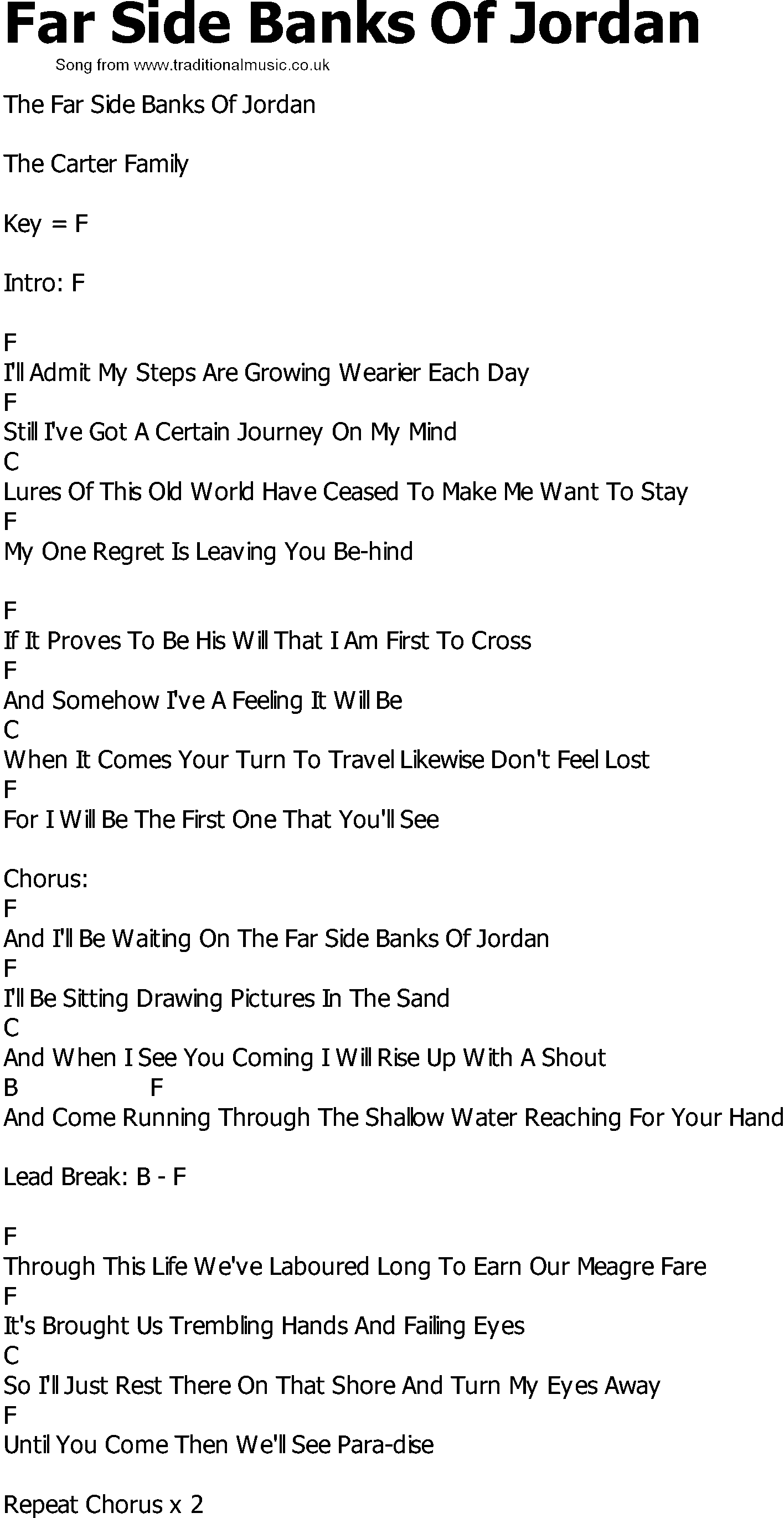 Old Country song lyrics with chords - Far Side Banks Of Jordan