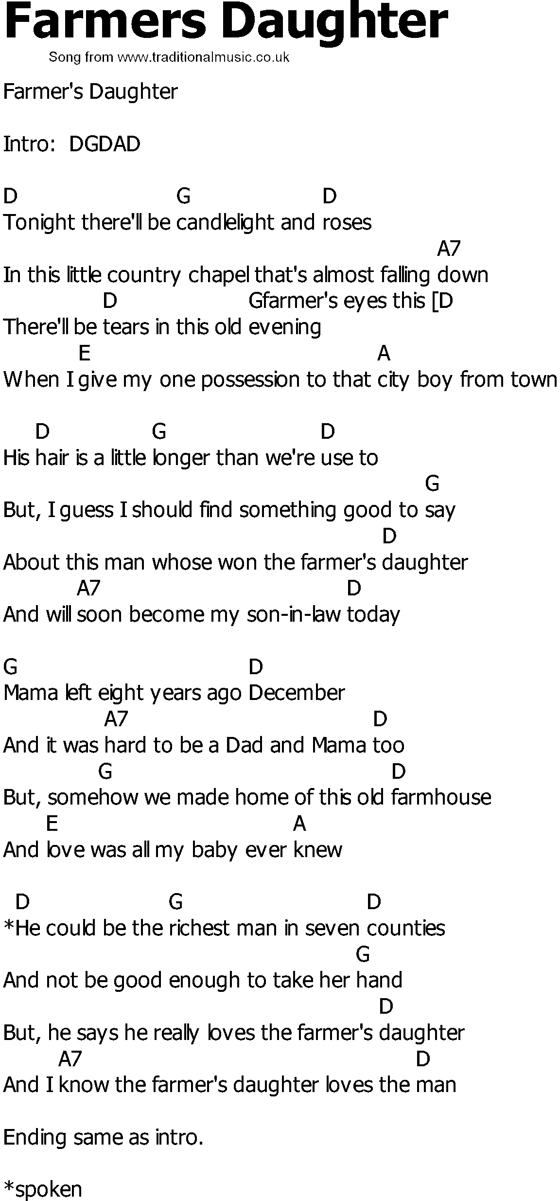 Old Country song lyrics with chords - Farmers Daughter