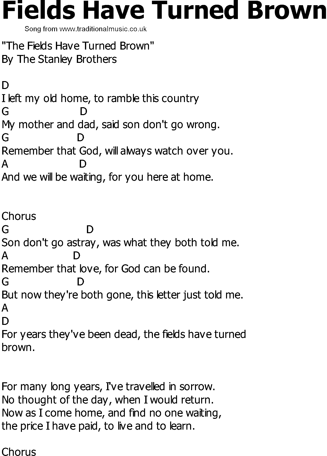 Old Country song lyrics with chords - Fields Have Turned Brown