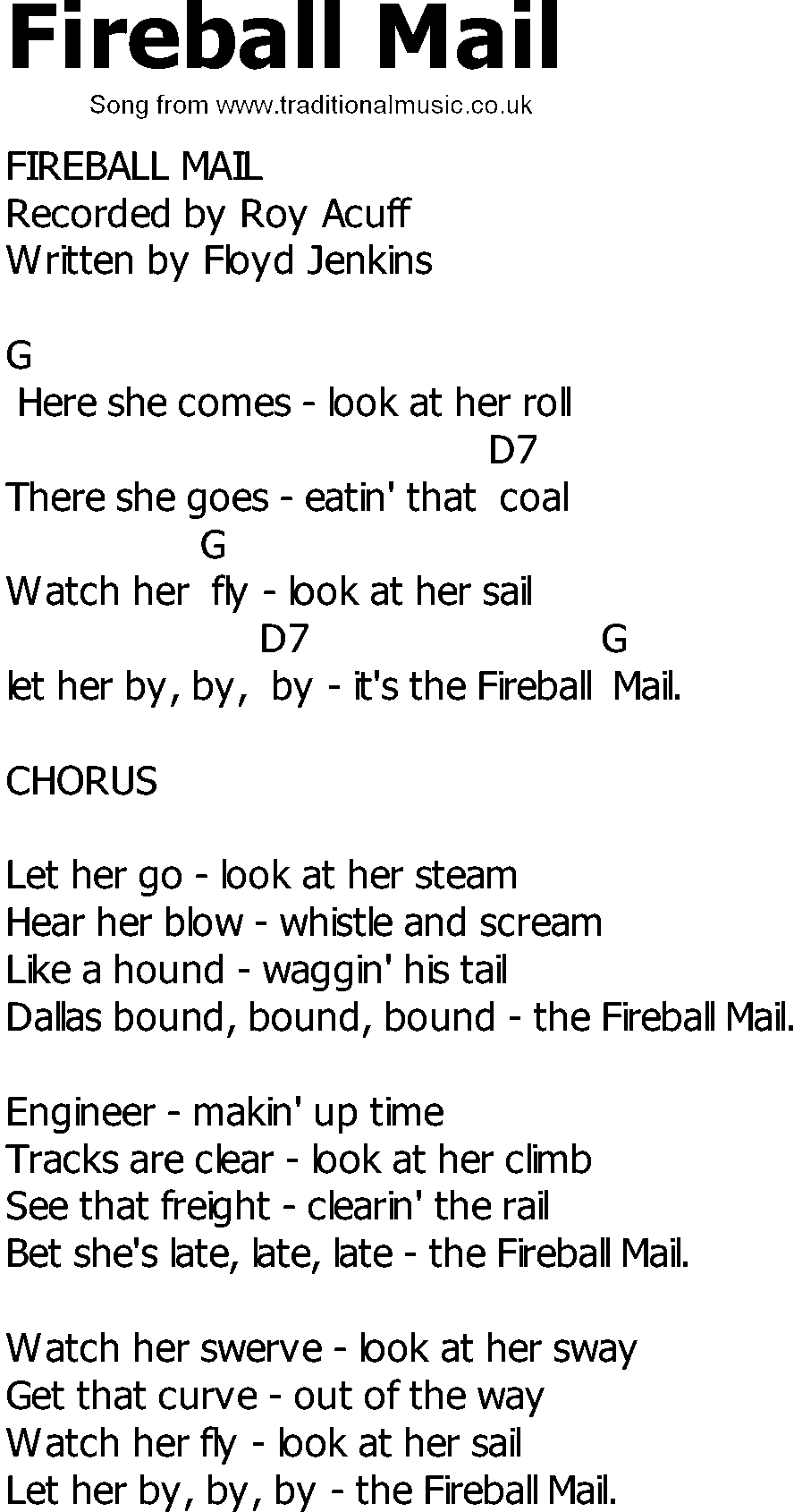 Old Country song lyrics with chords - Fireball Mail