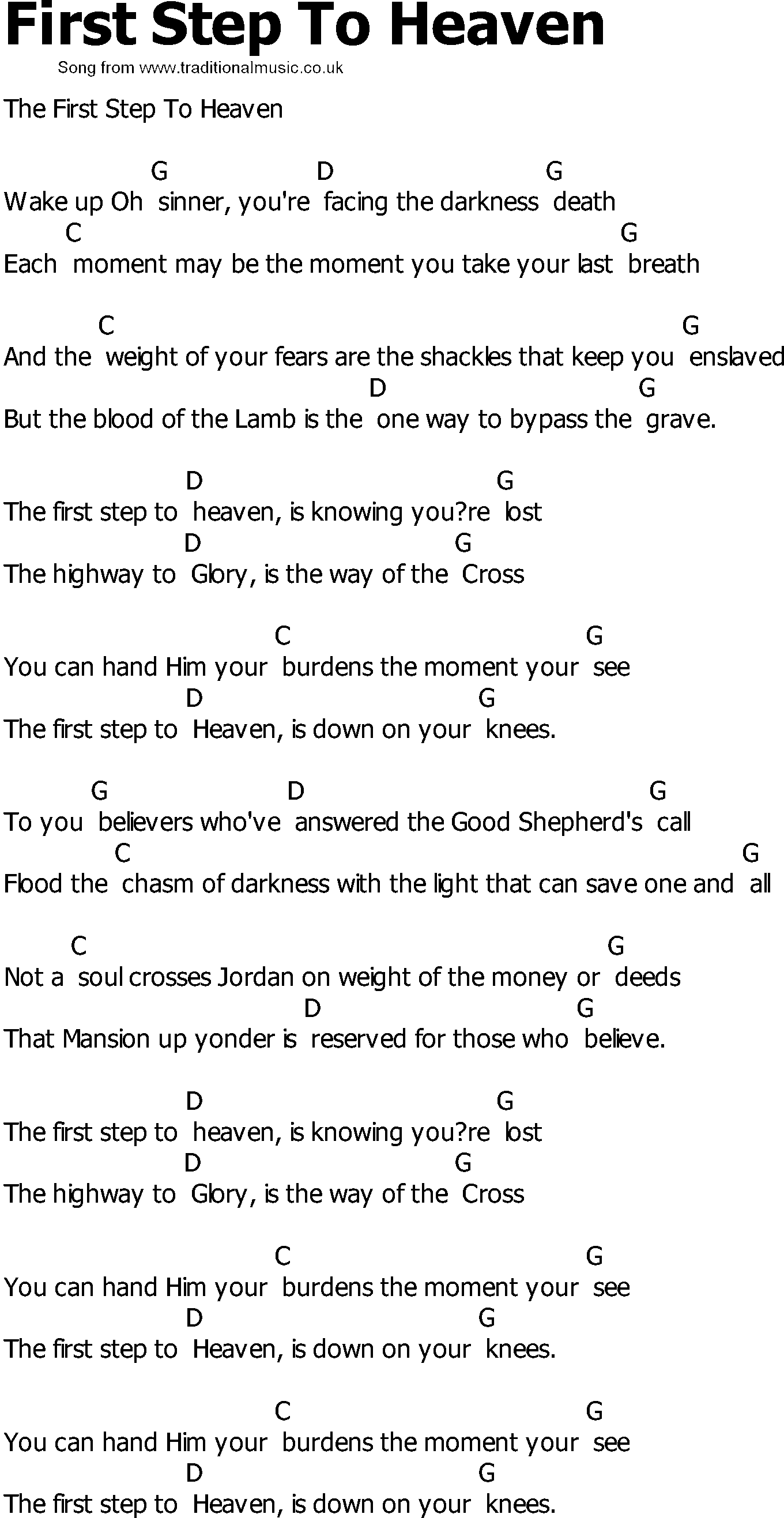 Old Country song lyrics with chords - First Step To Heaven