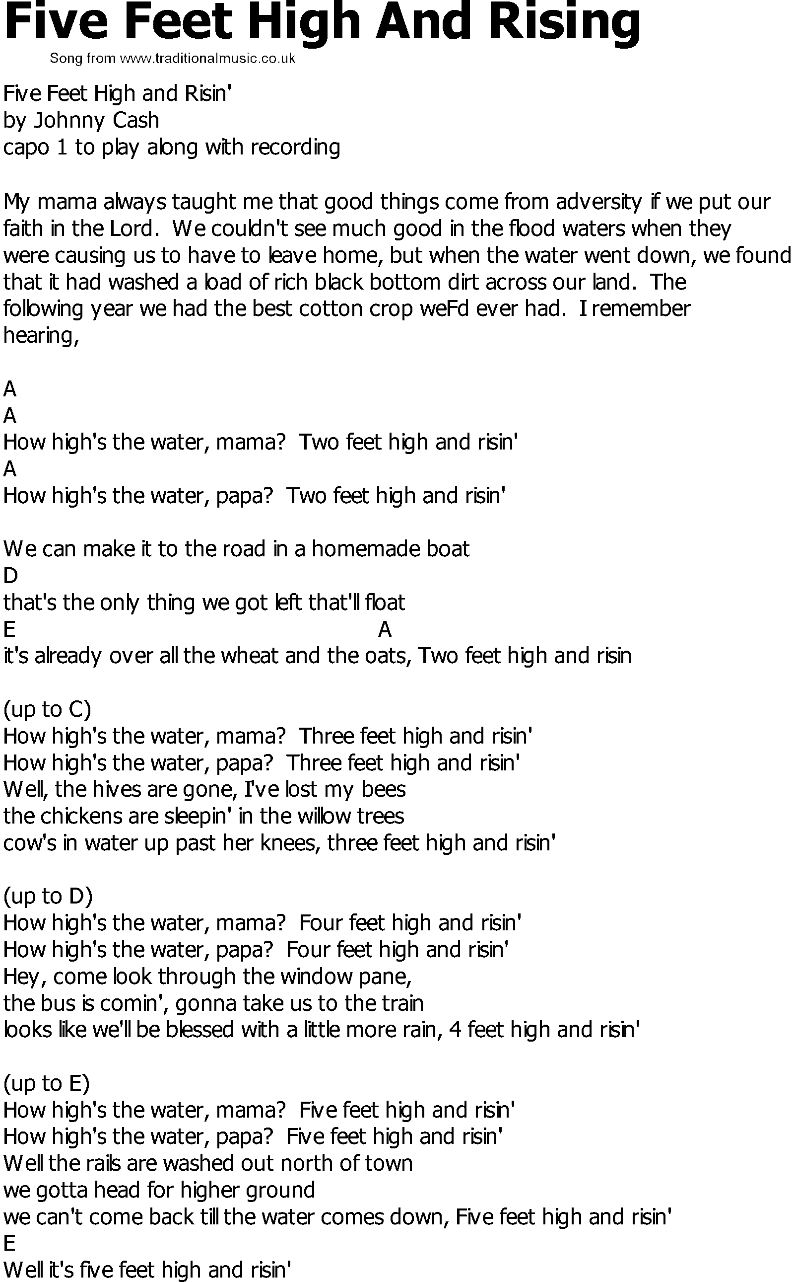 Old Country song lyrics with chords - Five Feet High And Rising