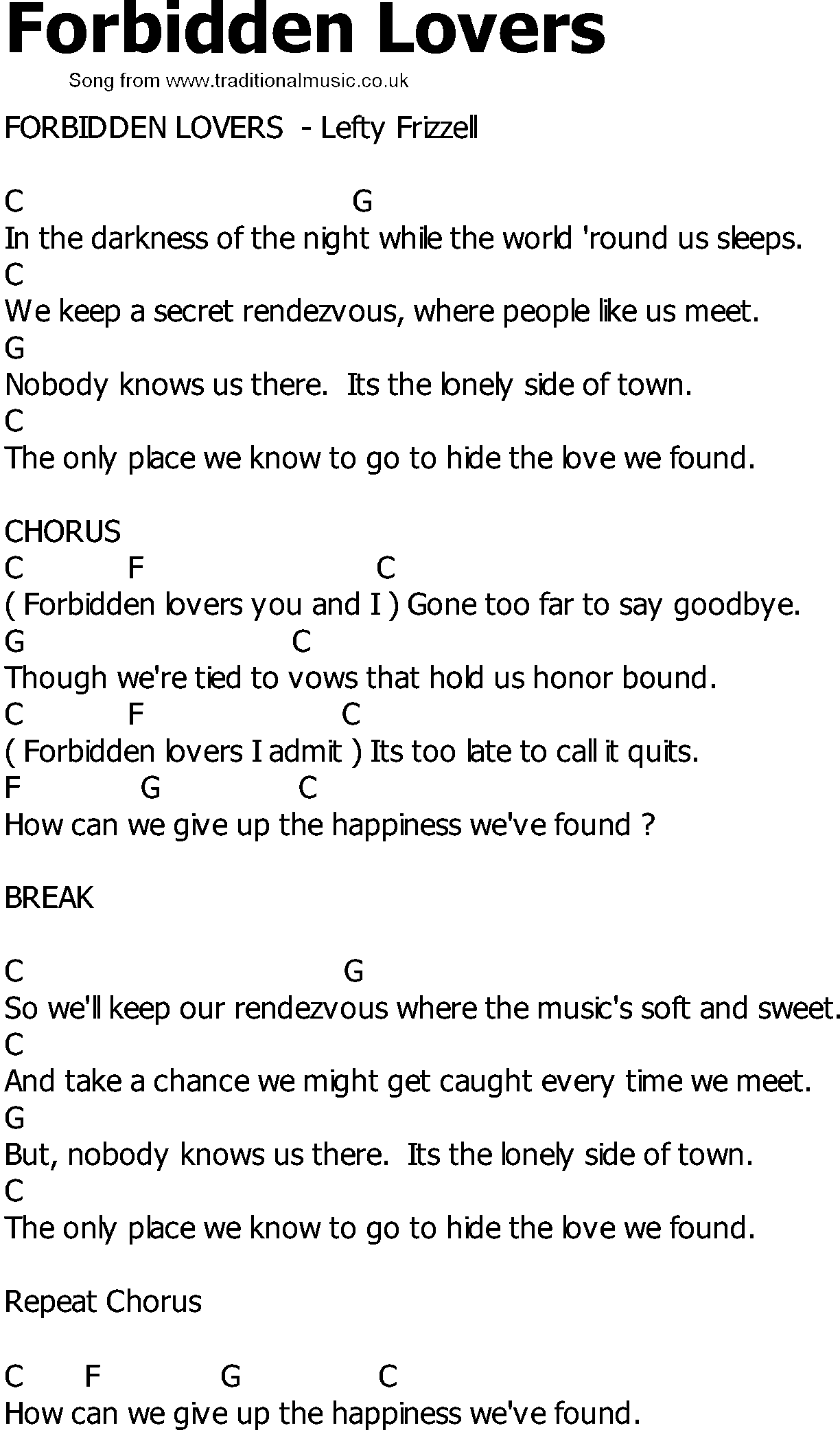 Old Country song lyrics with chords - Forbidden Lovers