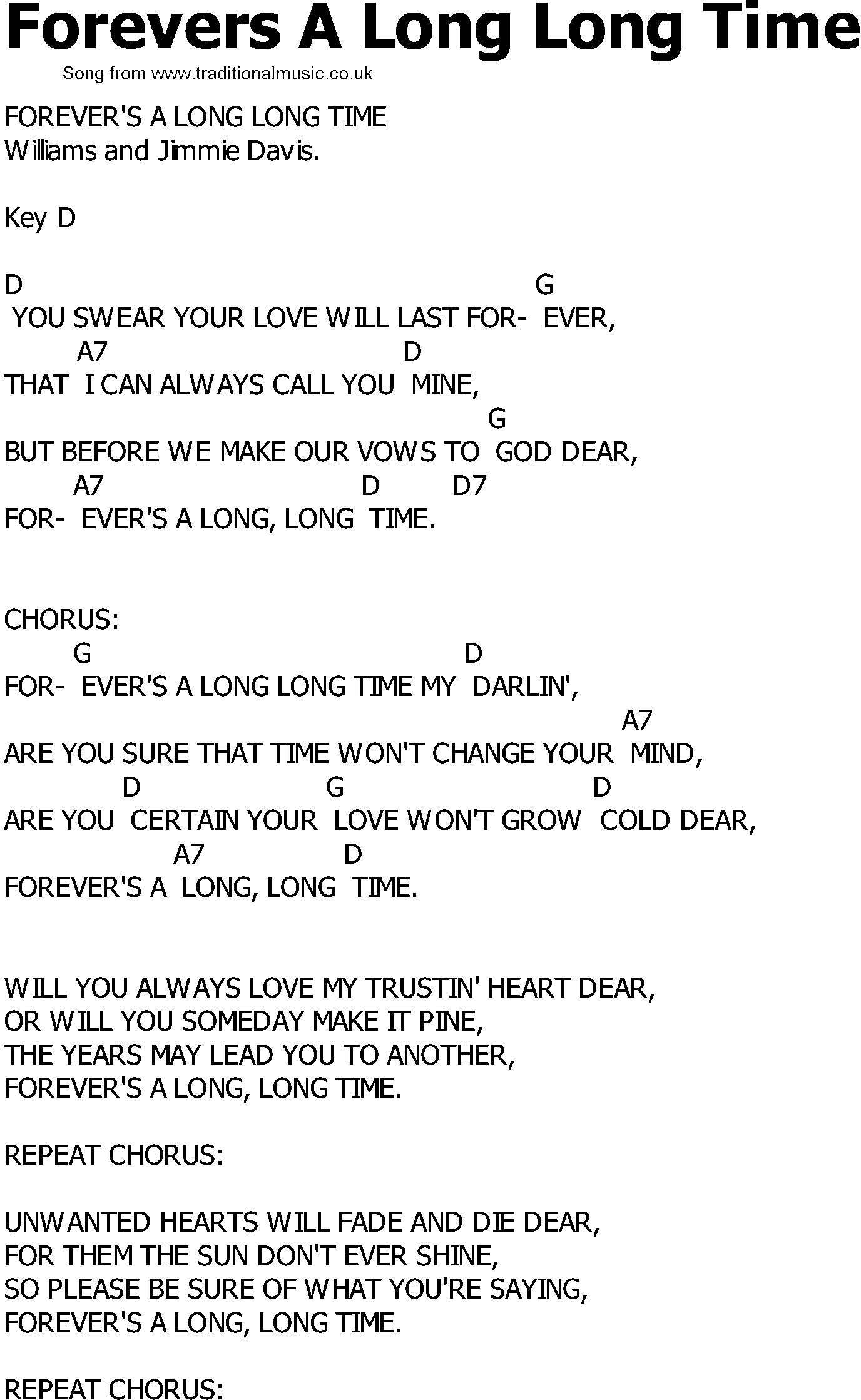 Old Country song lyrics with chords - Forevers A Long Long Time