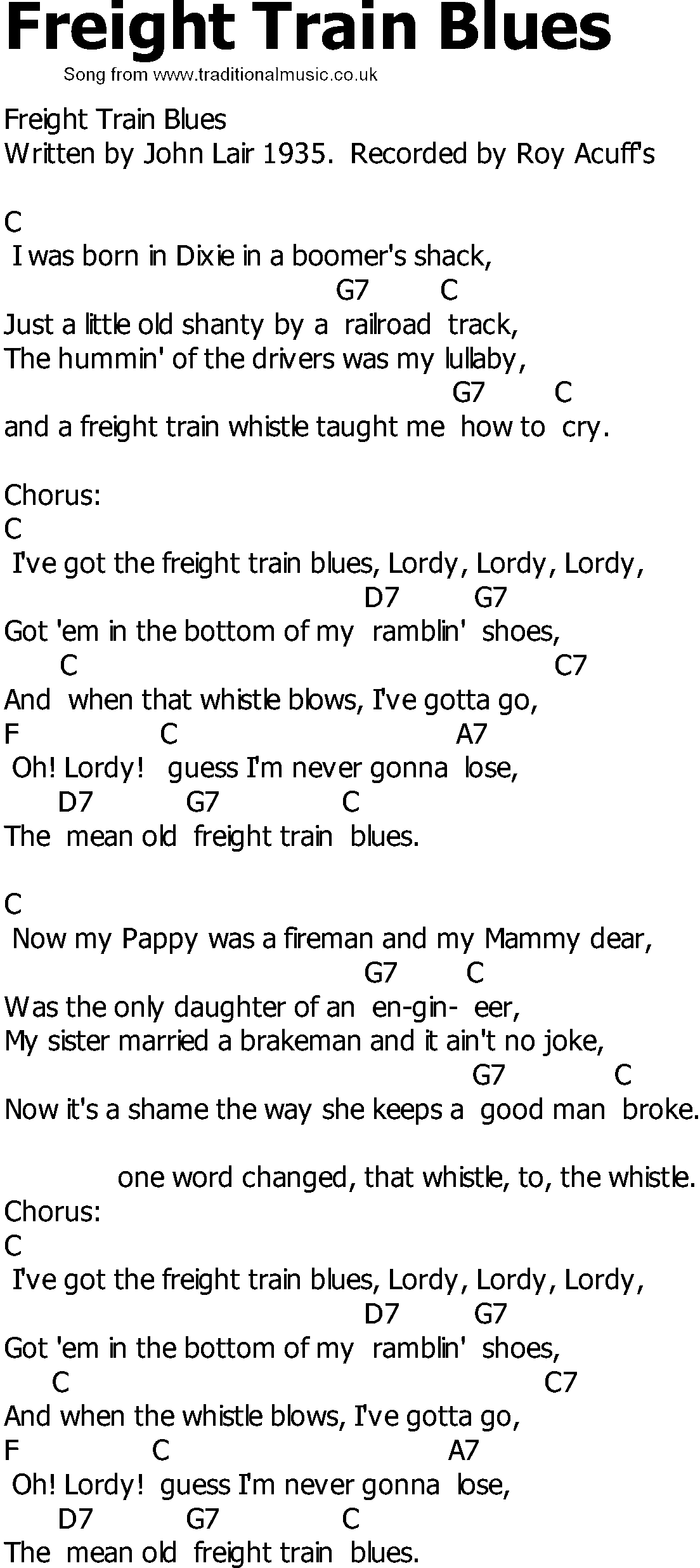 Old Country song lyrics with chords - Freight Train Blues