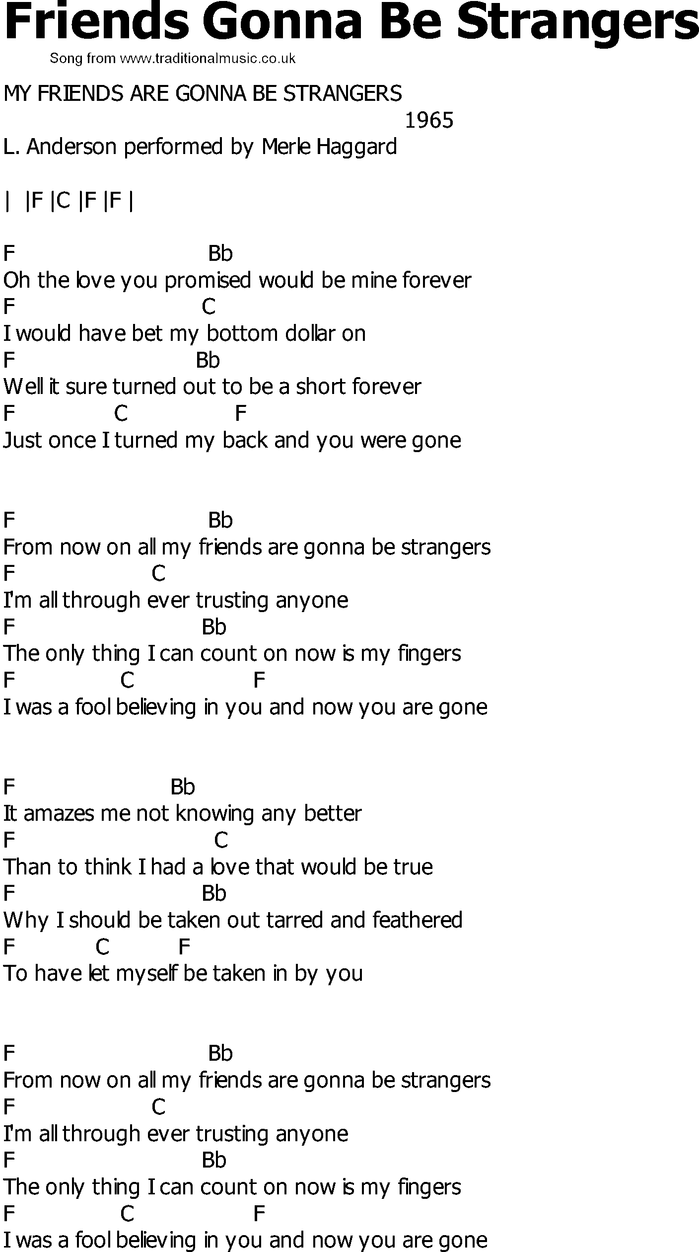 Old Country song lyrics with chords - Friends Gonna Be Strangers