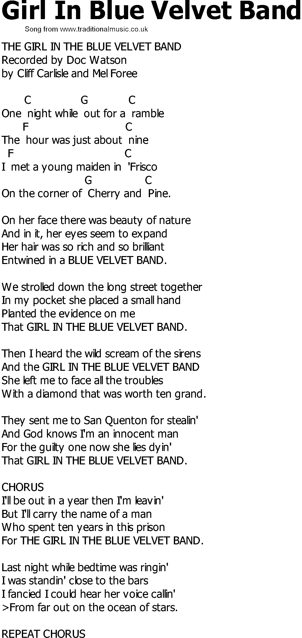 Old Country song lyrics with chords - Girl In Blue Velvet Band