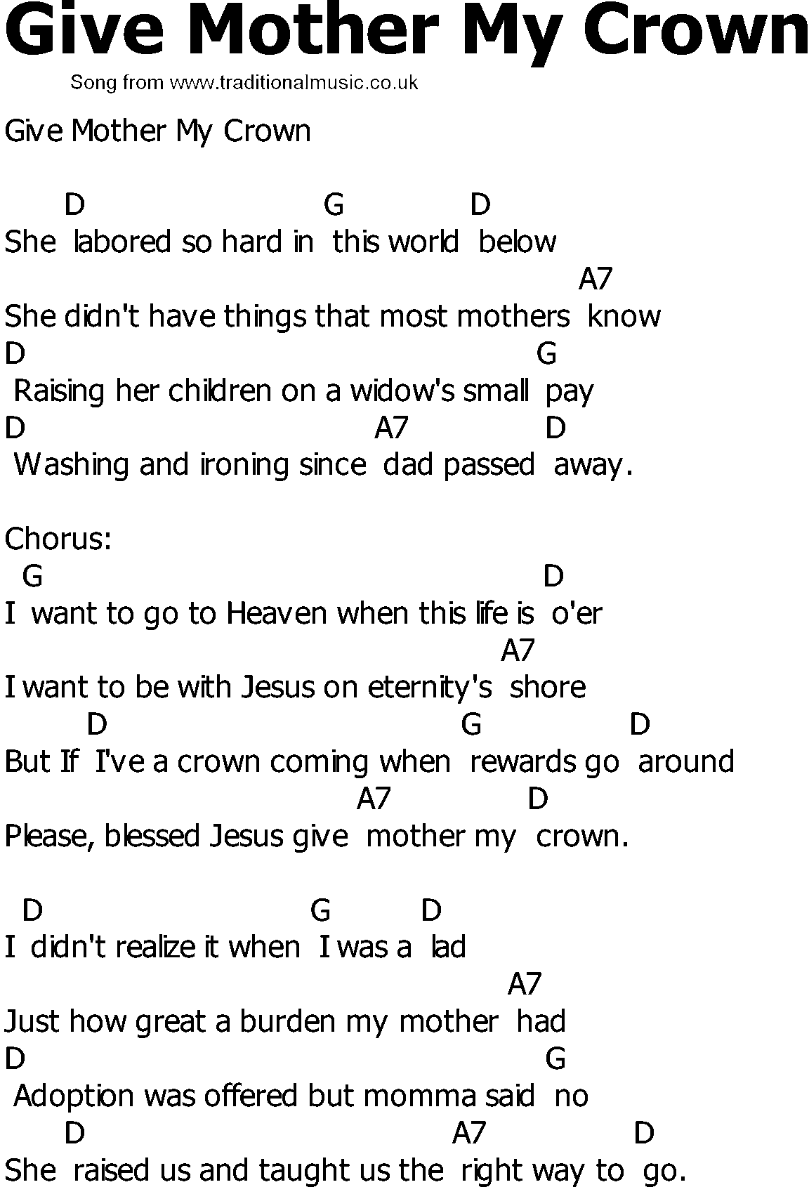 Old Country song lyrics with chords - Give Mother My Crown