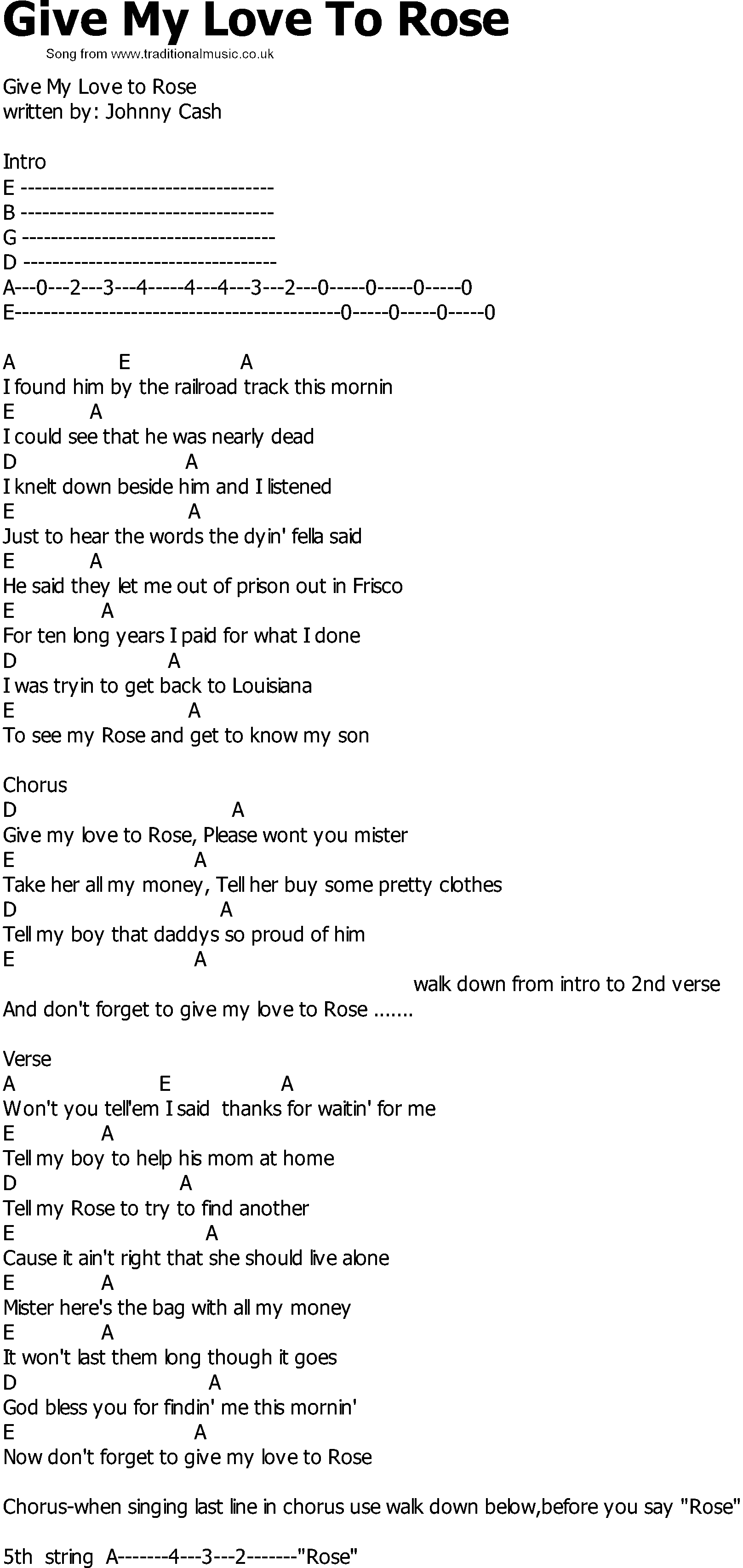 Old Country song lyrics with chords - Give My Love To Rose