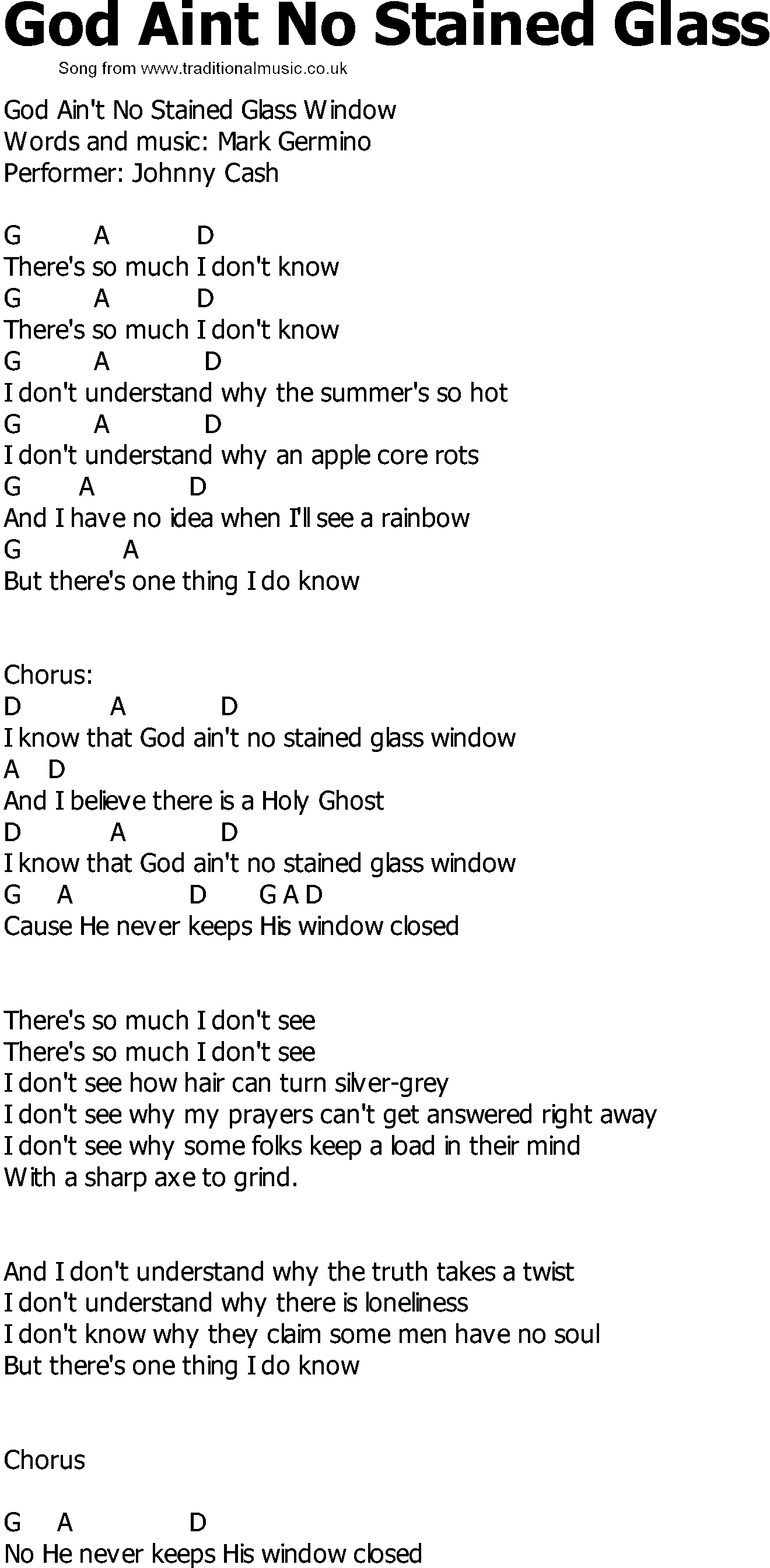 Old Country song lyrics with chords - God Aint No Stained Glass