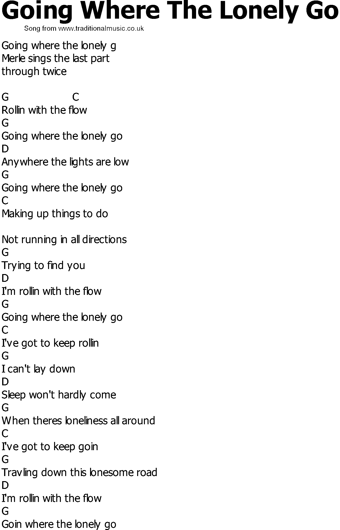 Old Country song lyrics with chords - Going Where The Lonely Go