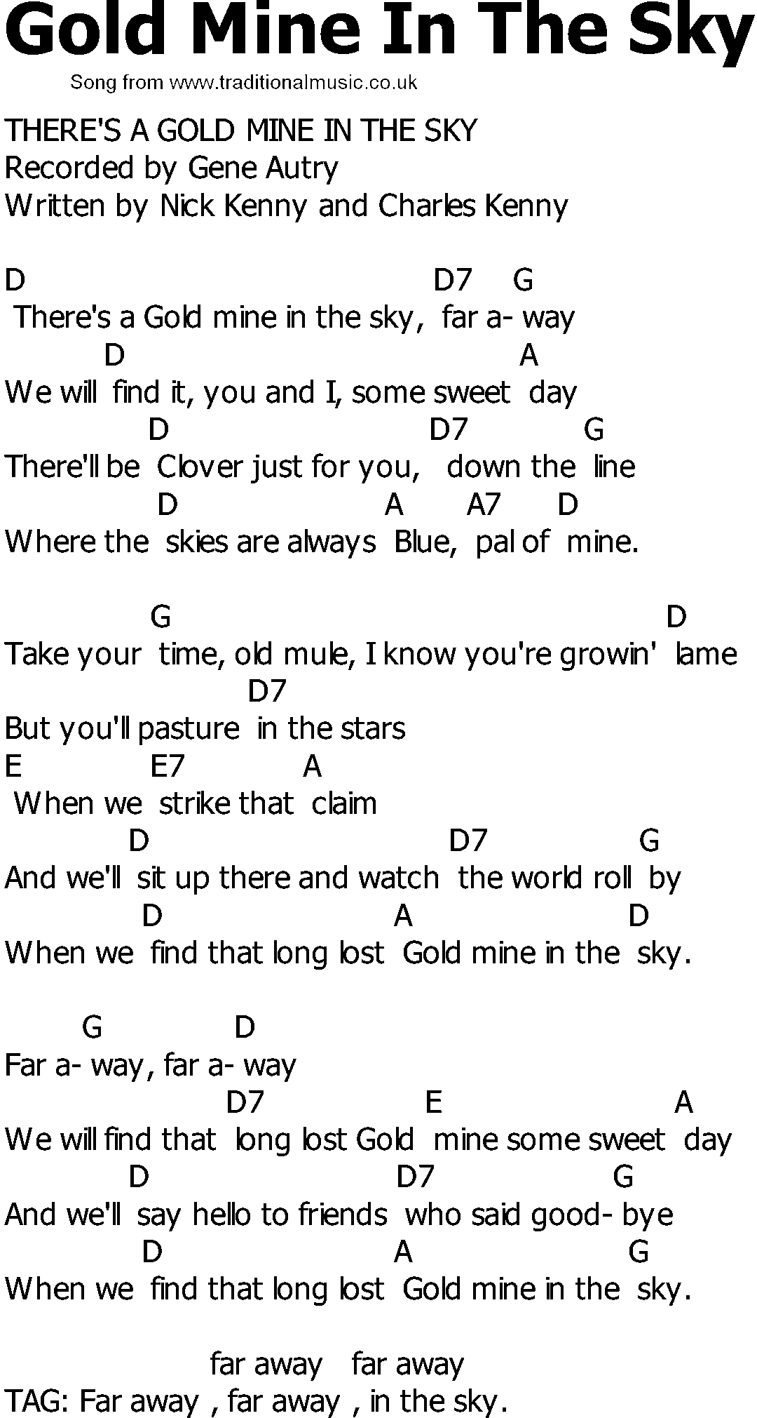 Old Country song lyrics with chords - Gold Mine In The Sky