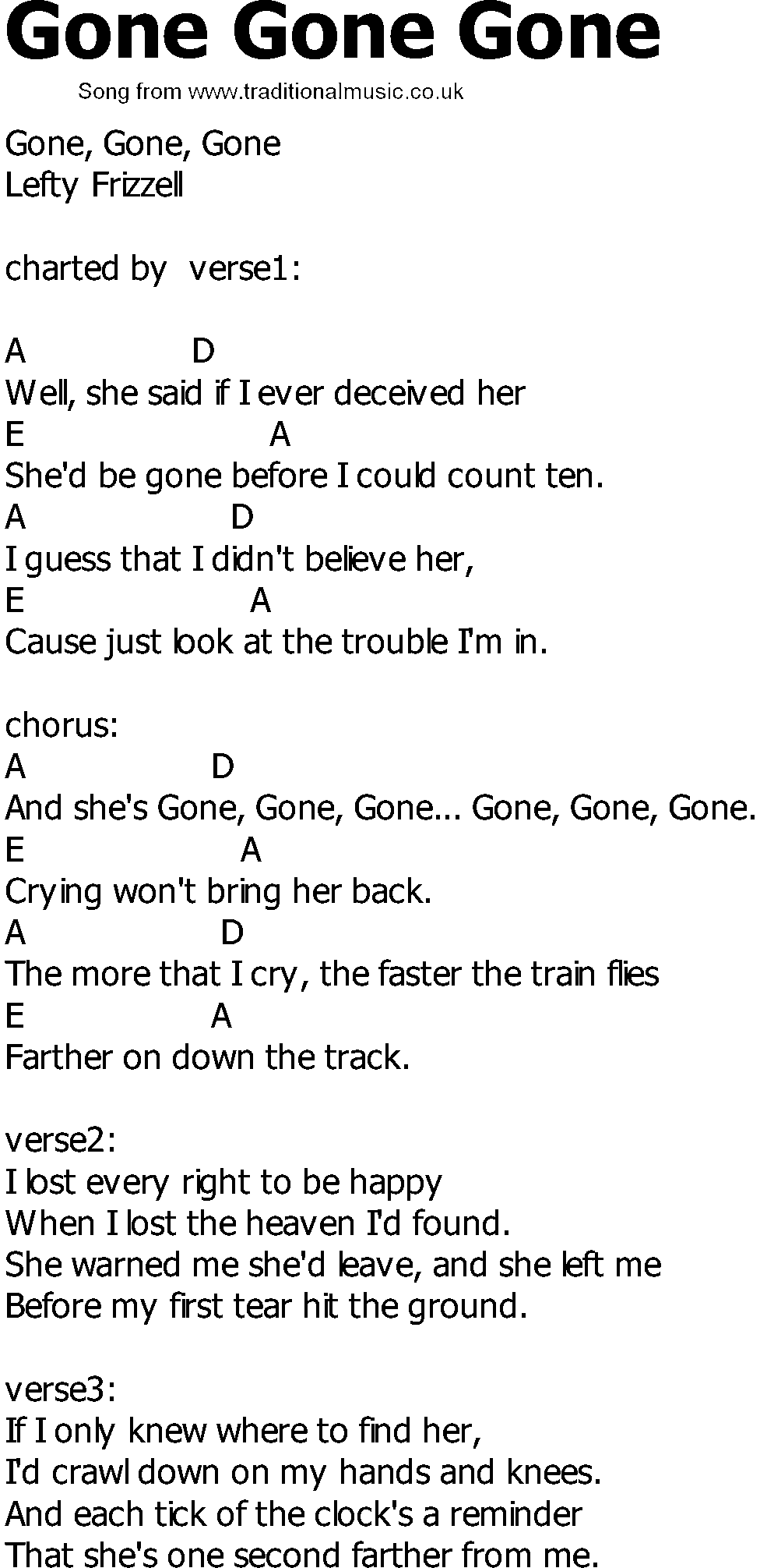 Old Country song lyrics with chords - Gone Gone Gone