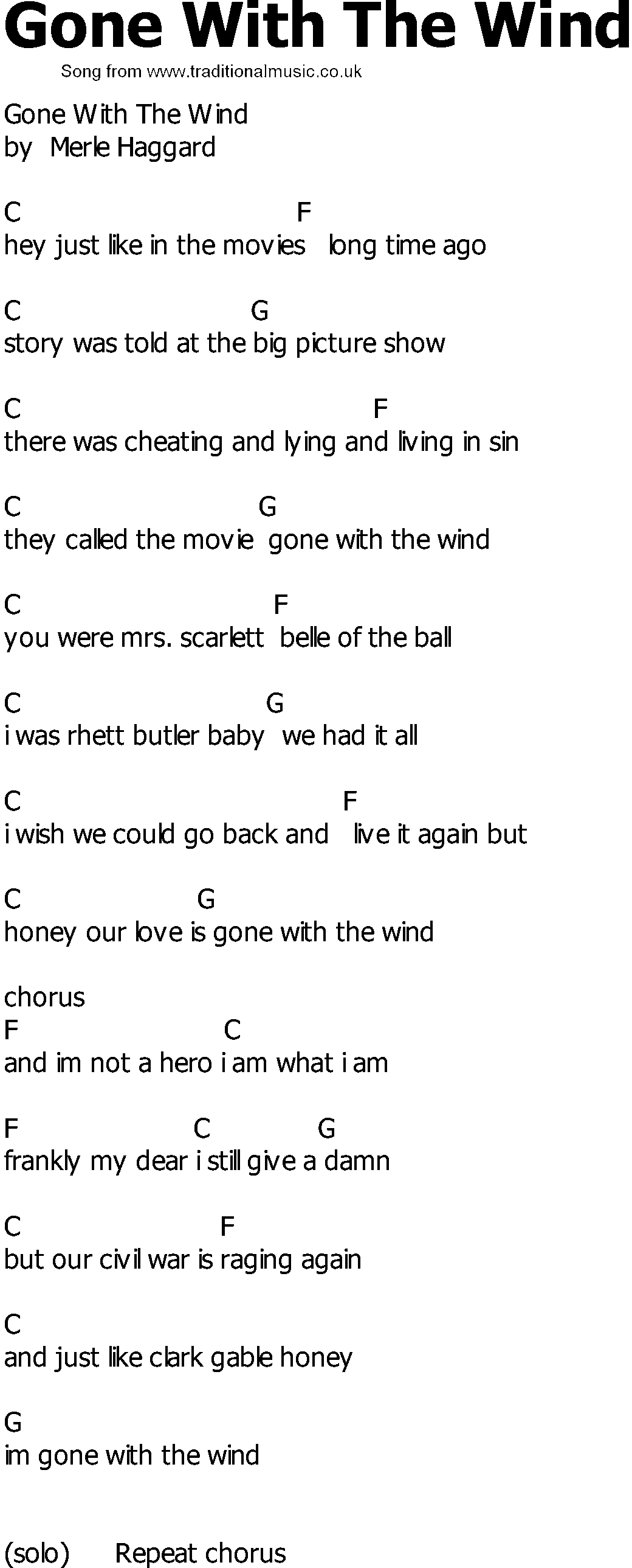 Old Country song lyrics with chords - Gone With The Wind