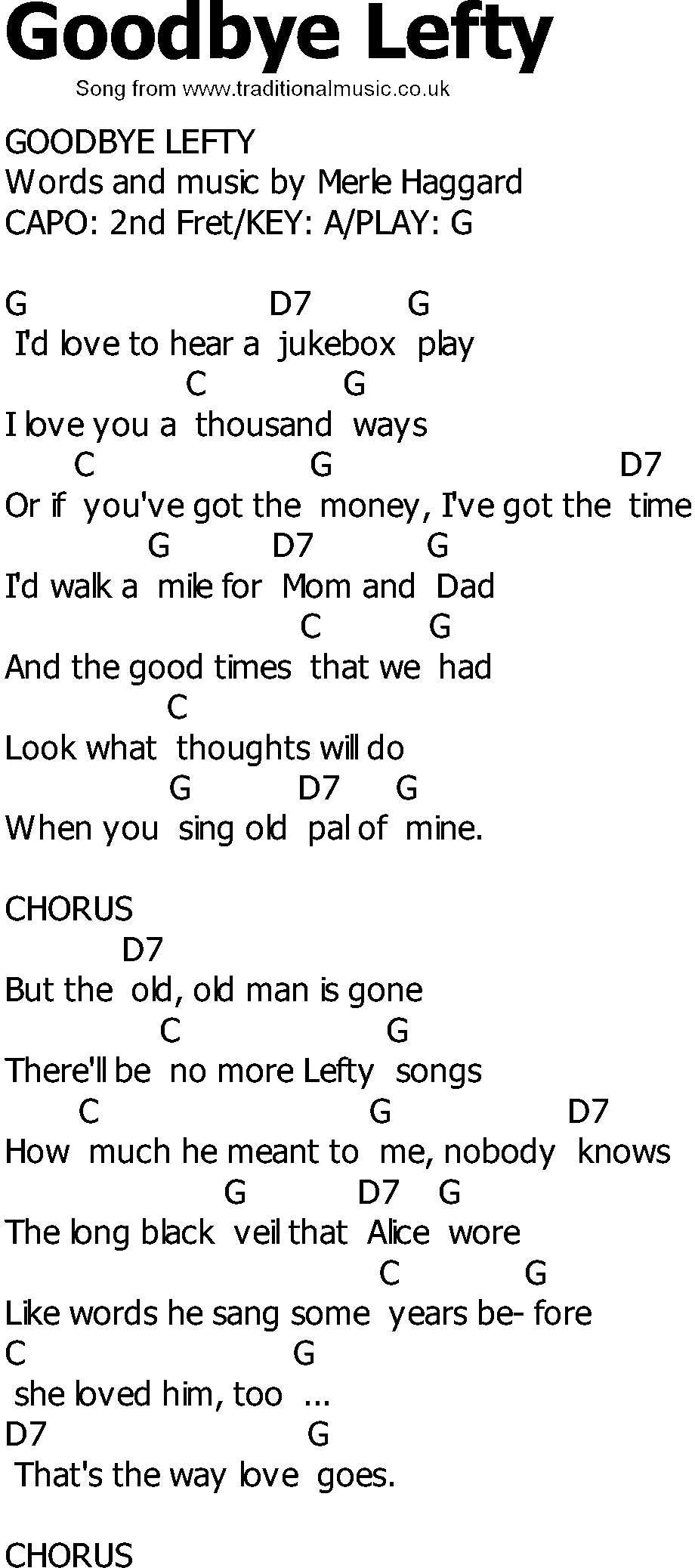 Old Country song lyrics with chords - Goodbye Lefty