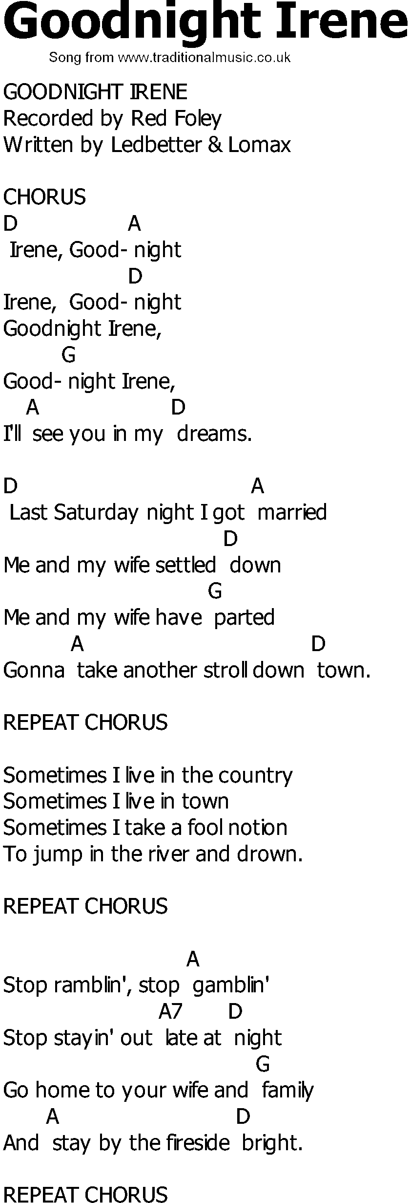 Old Country song lyrics with chords - Goodnight Irene