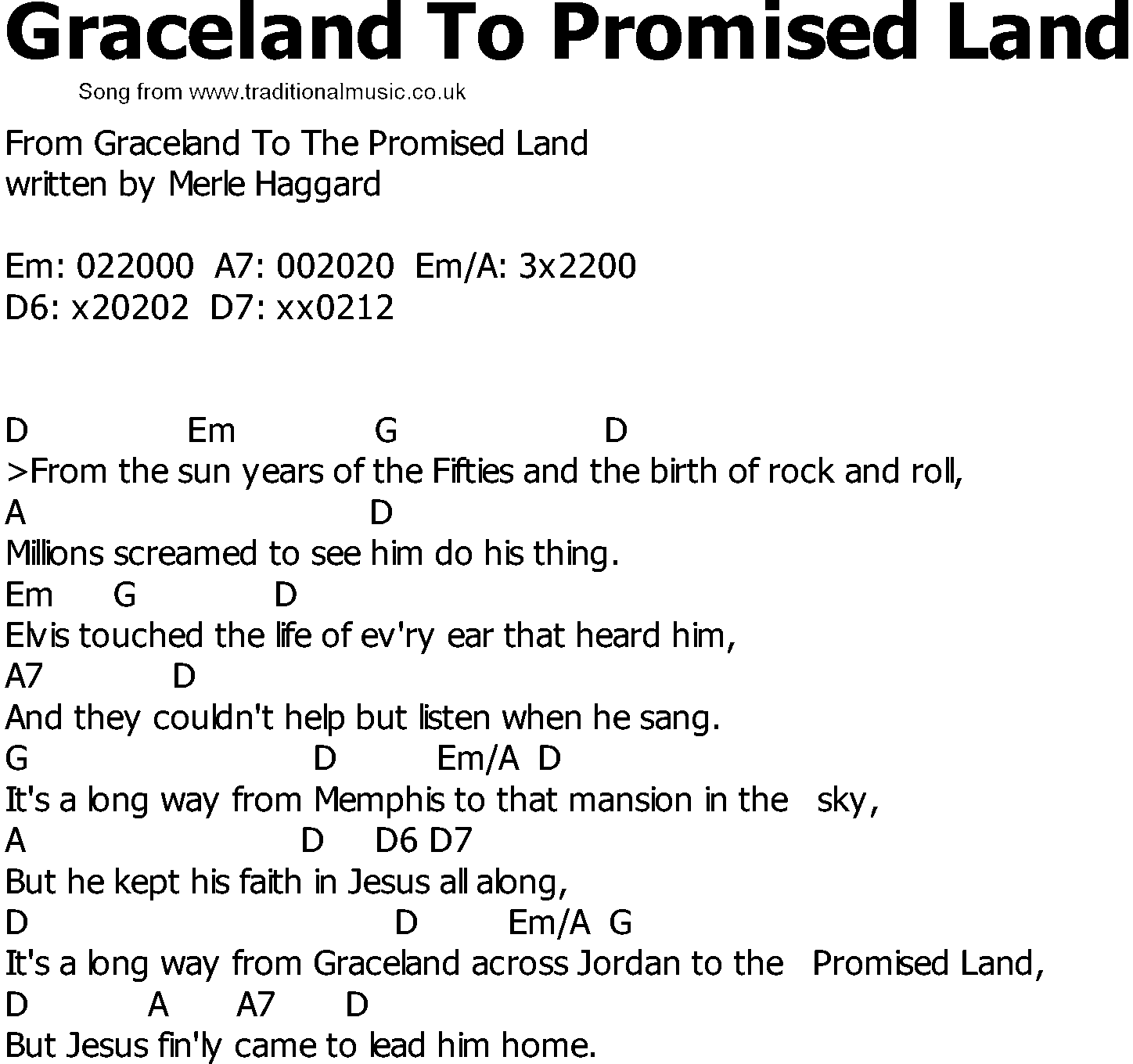 Old Country song lyrics with chords - Graceland To Promised Land