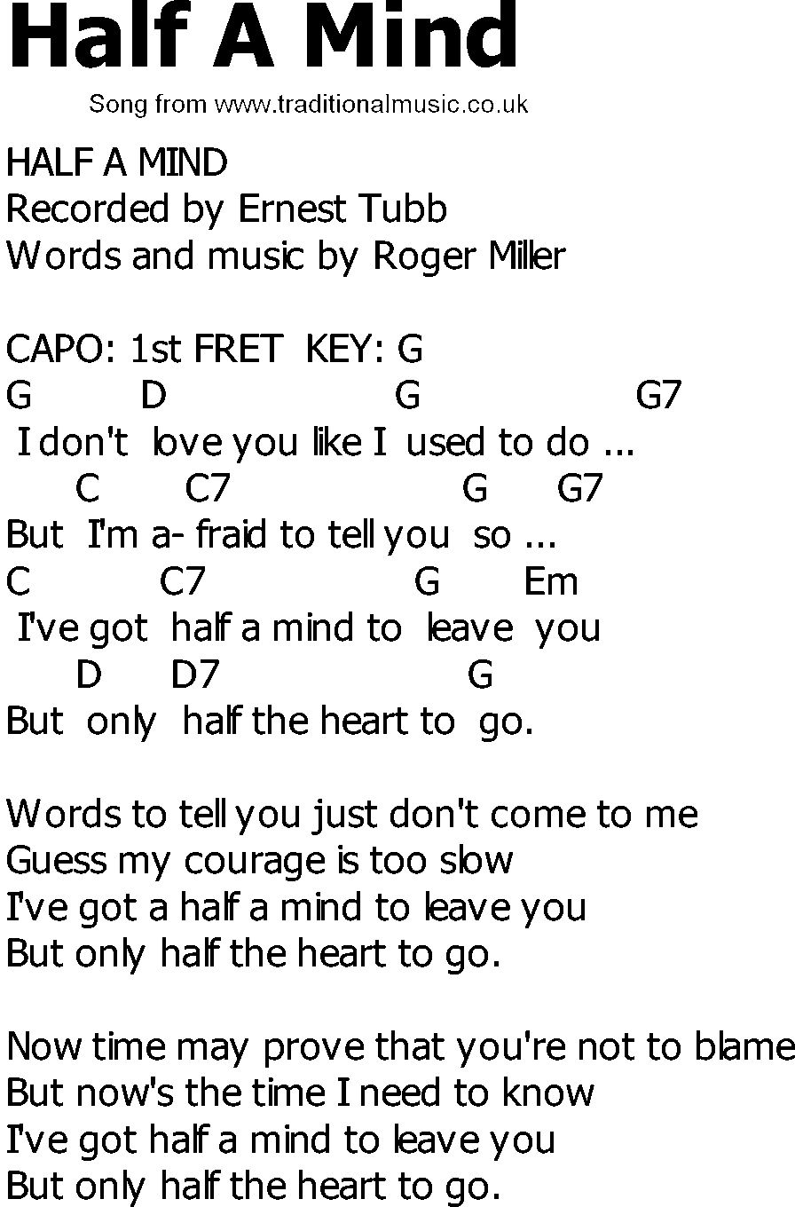 Old Country song lyrics with chords - Half A Mind