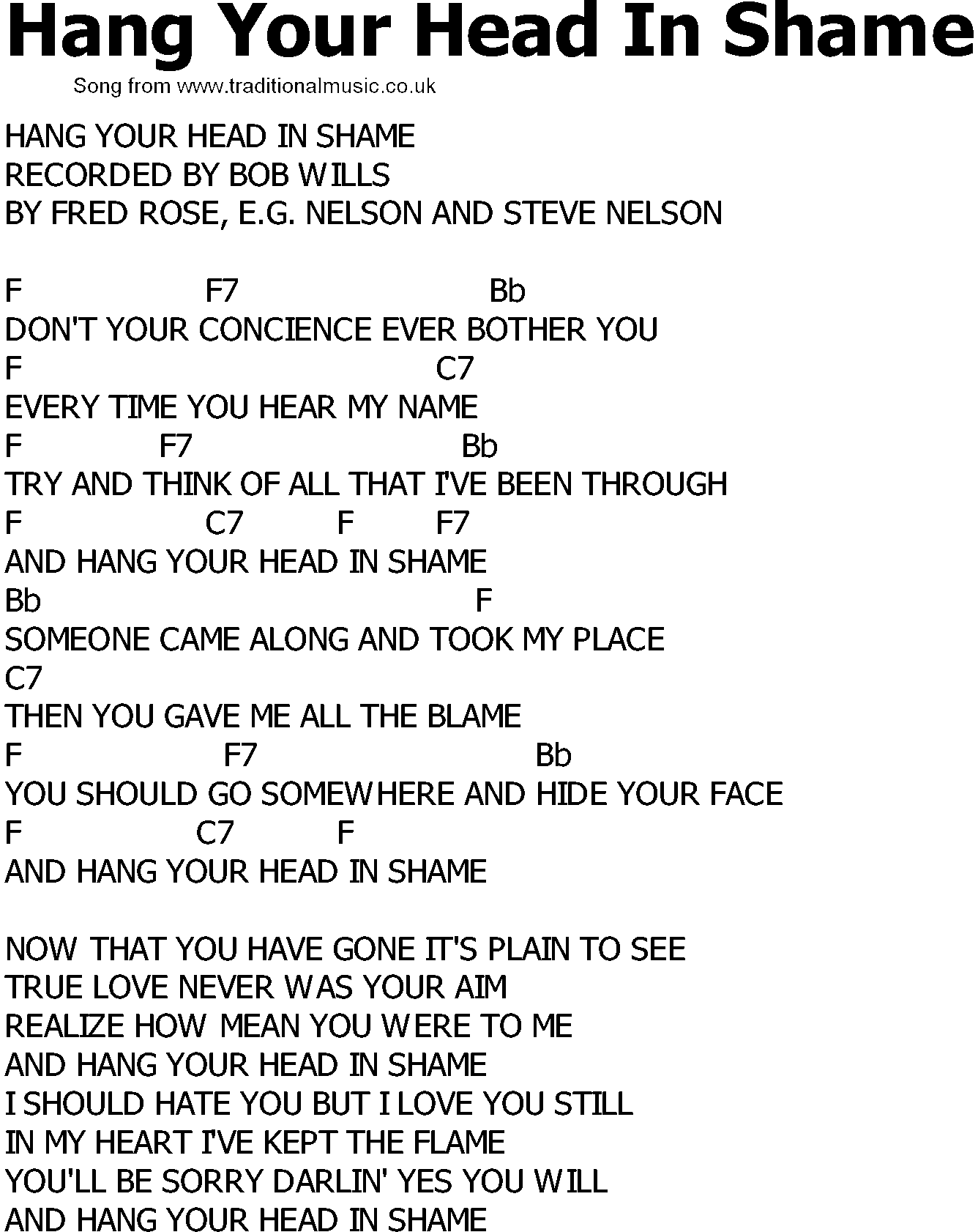 Old Country song lyrics with chords - Hang Your Head In Shame