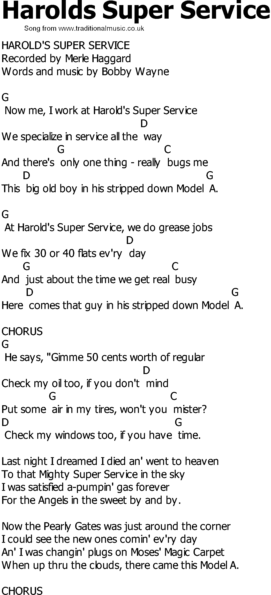 Old Country song lyrics with chords - Harolds Super Service