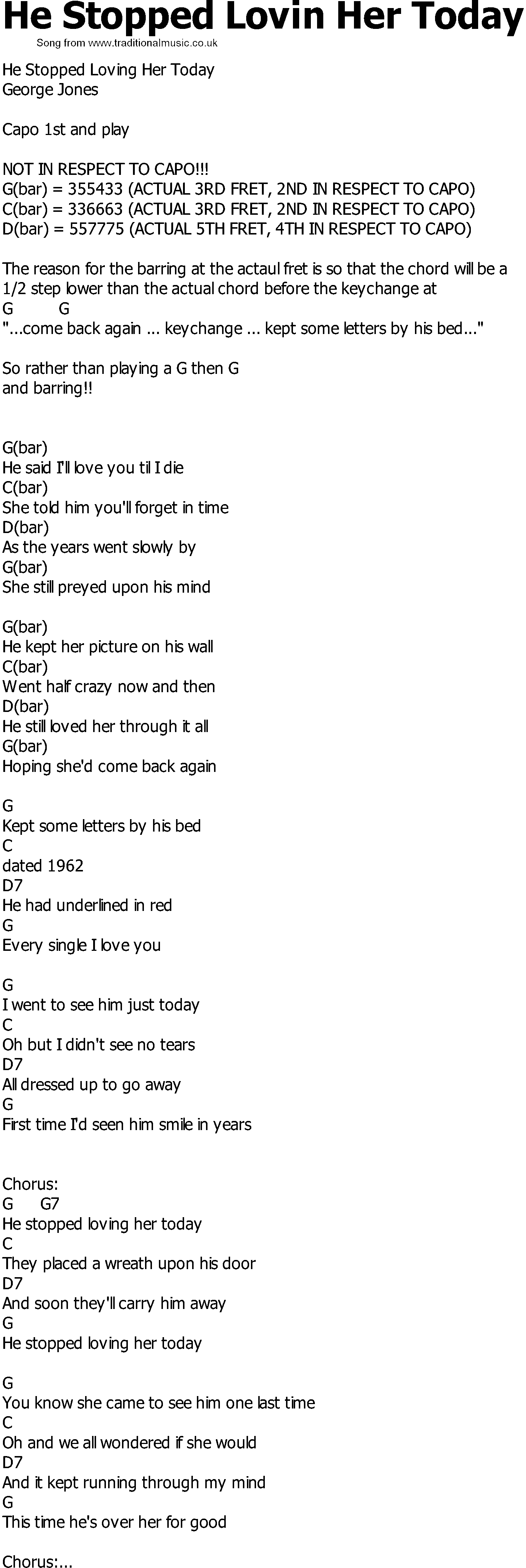 Old Country song lyrics with chords - He Stopped Lovin Her Today
